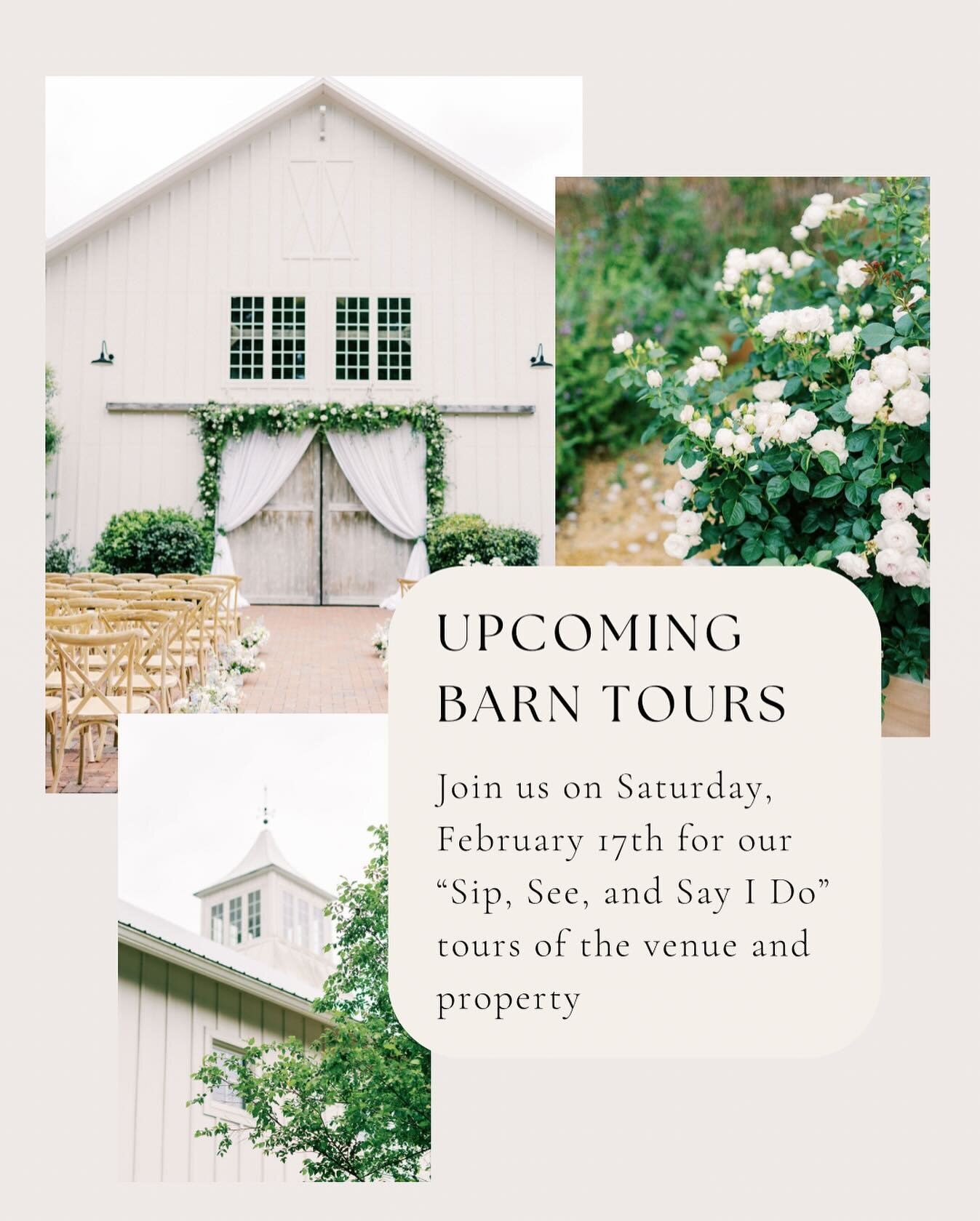 The Barn of Chapel Hill is available for weekly tours of the property but on Saturday, February 17th we&rsquo;re  popping a cork and toasting to newly engage couples on their wedding venue search! 🥂 Sign up for a tour on the 17th and enjoy a glass o