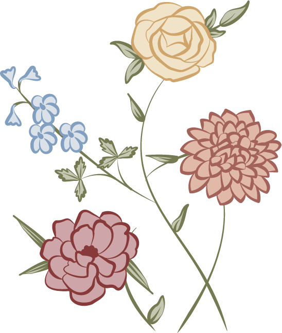 Wild Flora Farm illustrated flowers featuring rose, dahlia, and garden blooms in soft botanical colors.