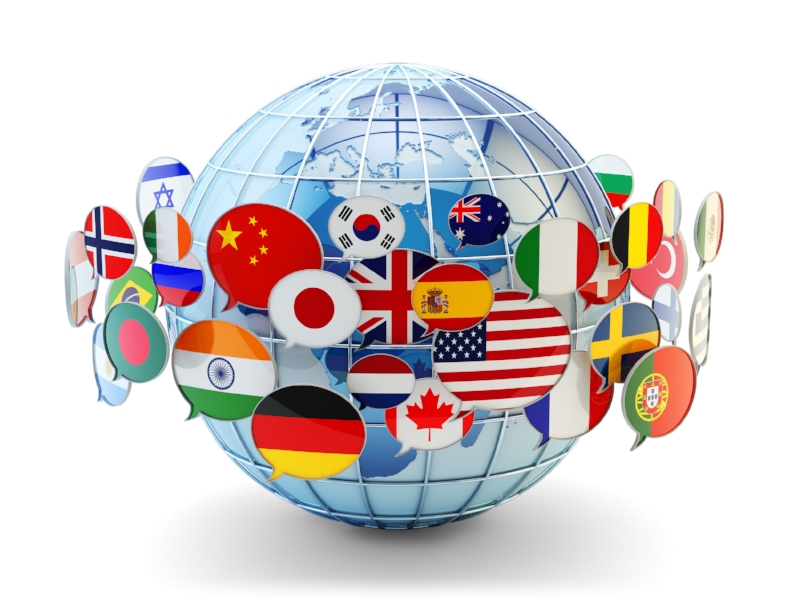 Speech bubbles containing the flags of many countries orbit the globe, symbolizing an interconnected, multilingual world.