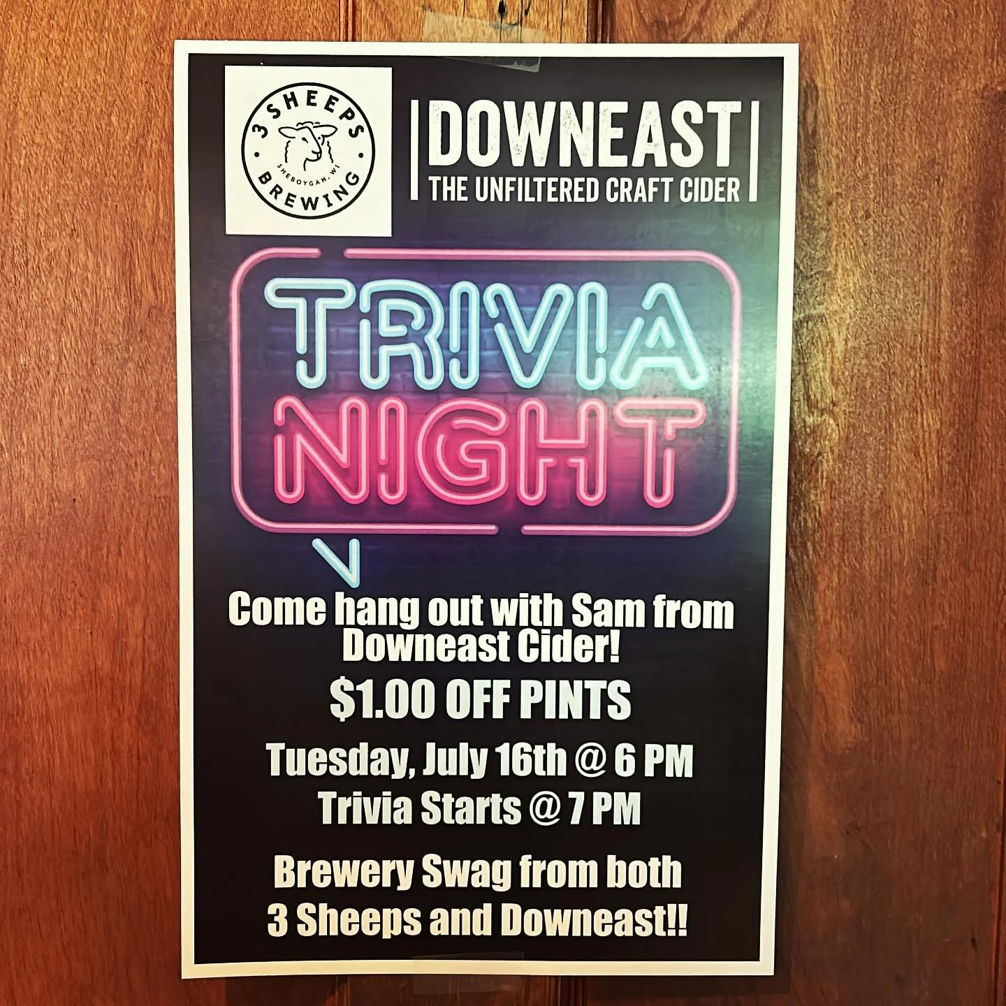 Join us next Tuesday and hang four with @sross34 with Downeast.  We will be featuring two taps from 3 sheeps and two taps from Downeast cider.  Order any of these pints and get a $1 off.  There will be prize giveaways in between each round of trivia 