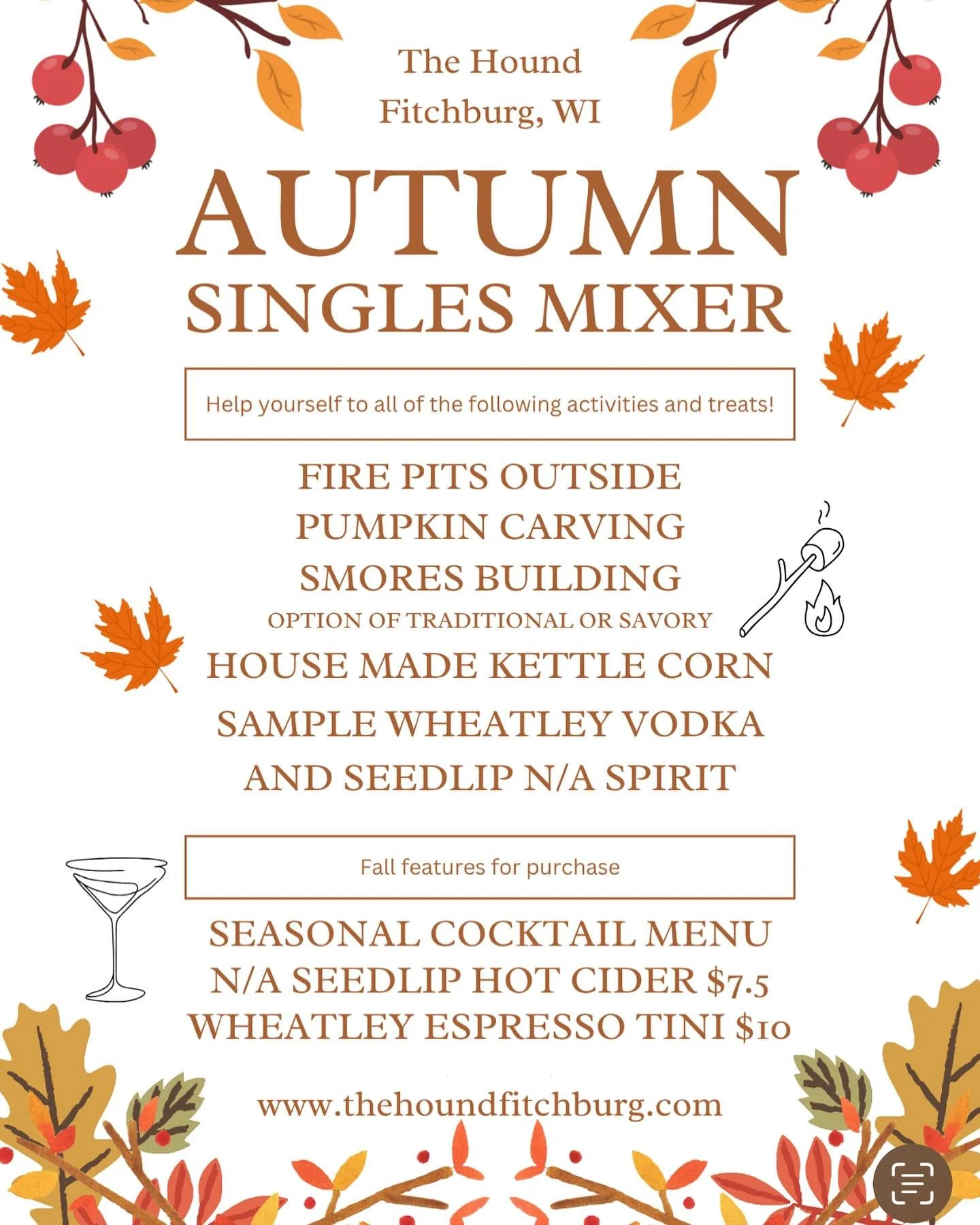 See you tonight at our sister restaurant @thehoundfitchburg where we&rsquo;ll be mixing it up for fall! 🎃🔥🥃

Stop swiping and come engage in the real world! Make new friends (and maybe more)! 🧡 All wing-people welcome.

#thehoundfitchburg #social