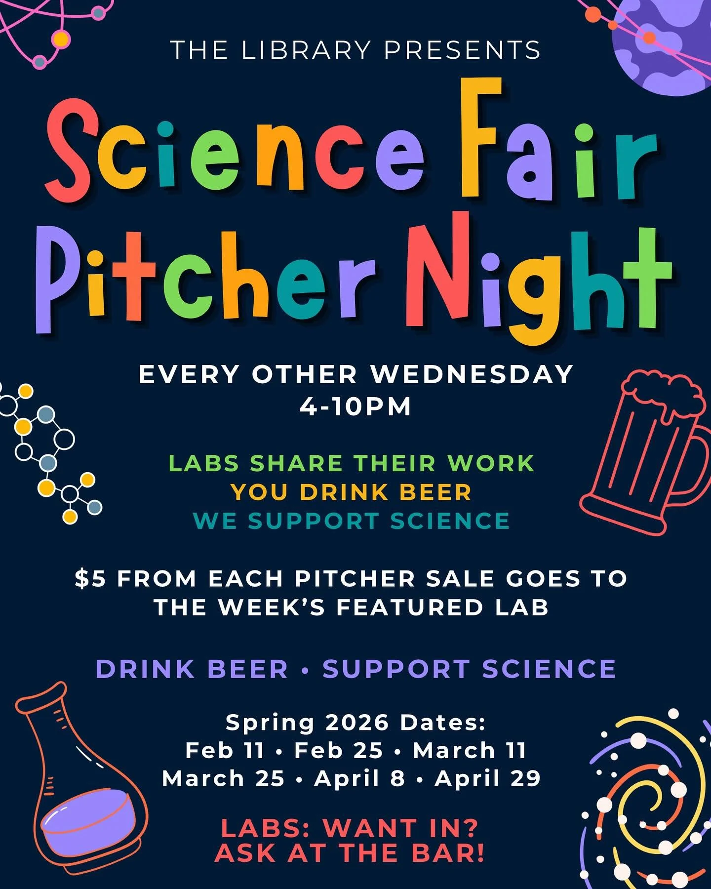 Beer 🤝🏼Science. PITCHER NIGHT RETURNS! Want in? Stop by and sign your team up 🧫🧬🔬🧪🍻

#thelibrarycafeandbar #drinkwisconsinbly