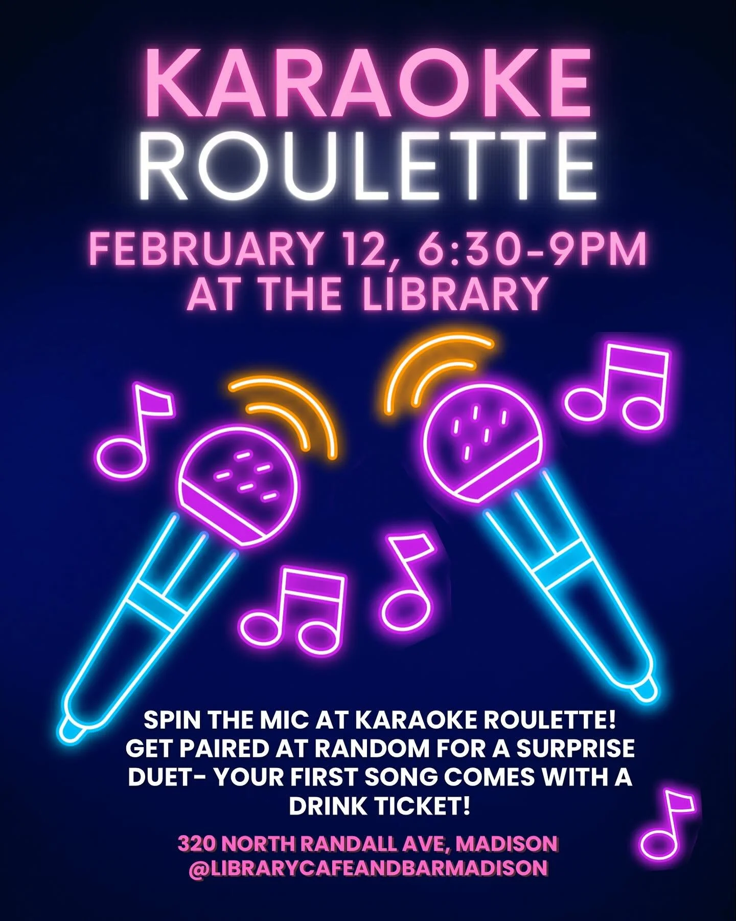 You guys, we&rsquo;re doing it. Karaoke Roulette. 🎤

Sign up, get paired at random, and sing a duet! Meet people. Have fun. Everybody&rsquo;s first song earns you a drink ticket. Probably the best thing you&rsquo;ll find to do on February 12th.

#th
