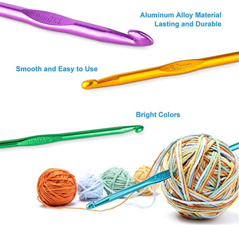 Aluminium Crochet Hook Needles, Crocheting Knitting Metal Hooks Needles Set  of 12 Pcs From 2.5mm to 10mm Coloured Hooks 15cm All Sizes 