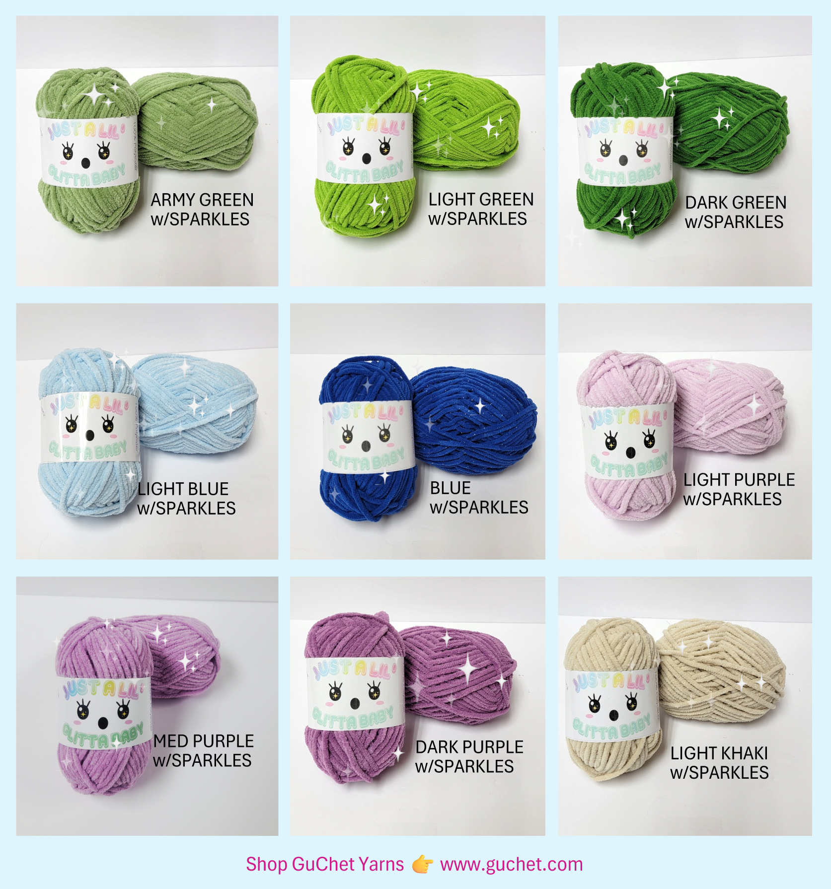 Just A Lil Glitta Baby by GuChet Yarns, Yarn for amigurumi, #4 Worsted weight yarn, crochet animal yarn, crochet yarn for toys, chunky yarns, yarn for baby blanket, finger knitting yarn www.guc (Copy)