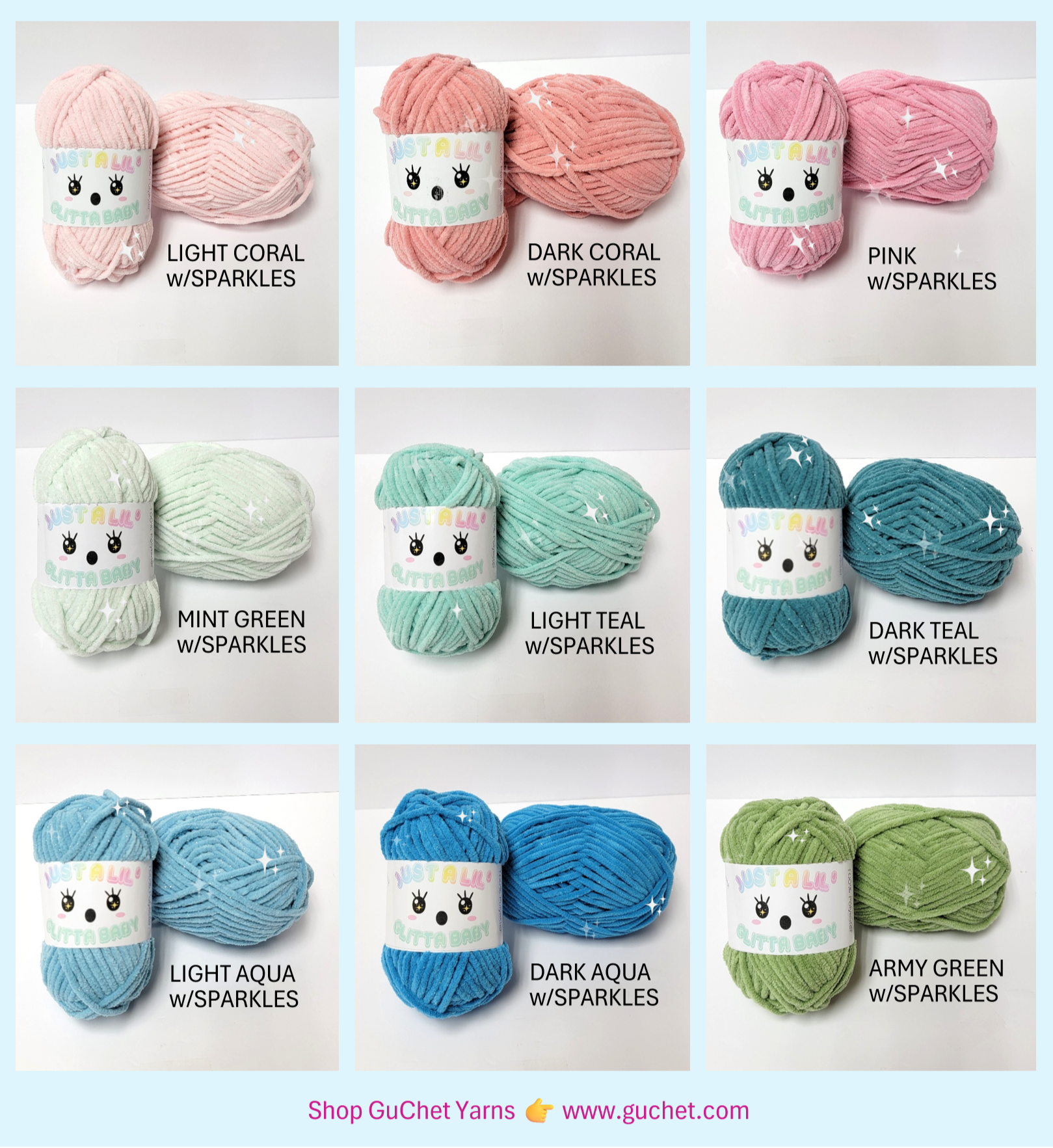 Just A Lil Glitta Baby by GuChet Yarns, Yarn for amigurumi, #4 Worsted weight yarn, crochet animal yarn, crochet yarn for toys, chunky yarns, yarn for baby blanket, finger knitting yarn www.guc (Copy)