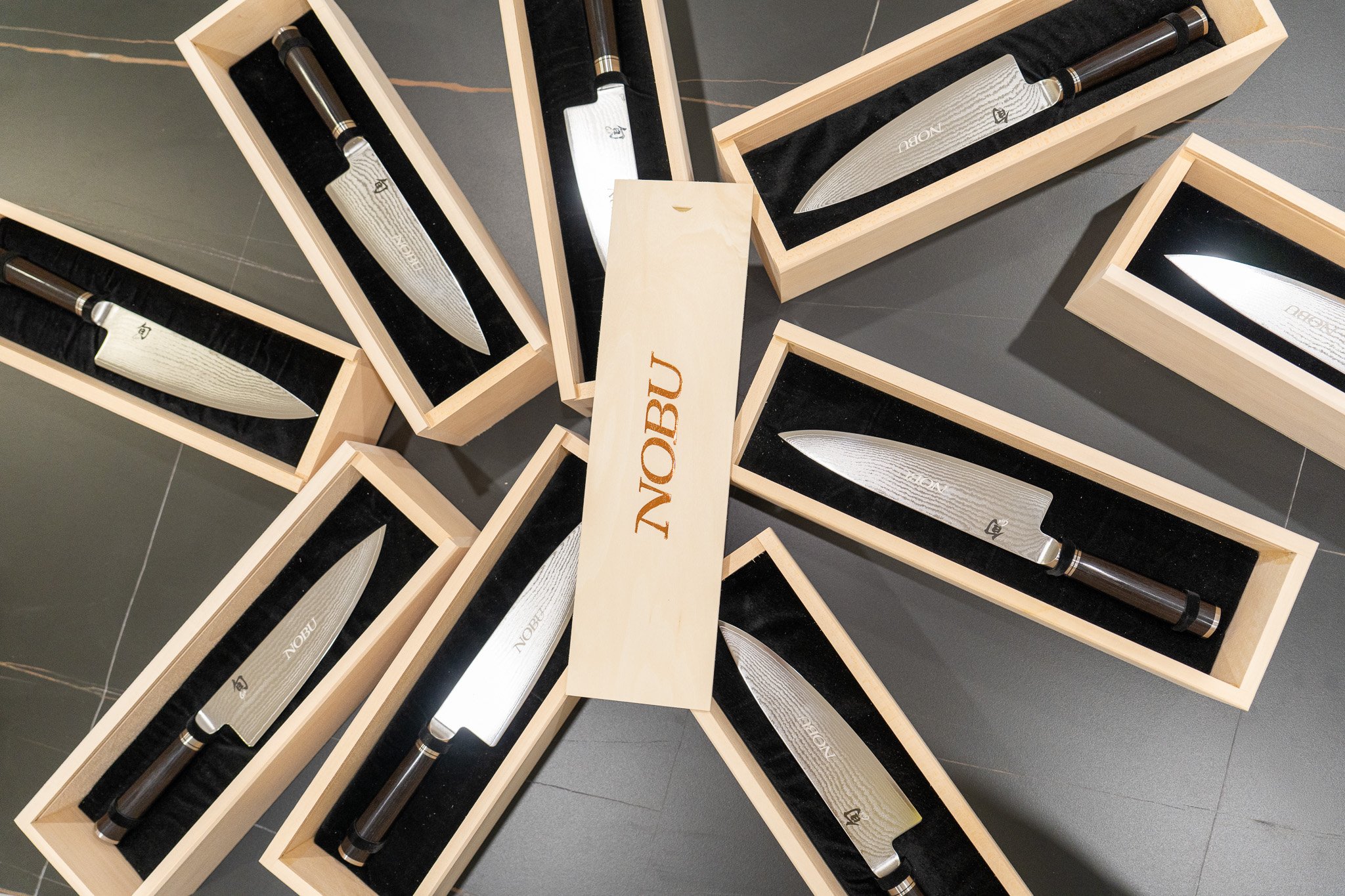 Luxury wooden gift boxes in Miami with custom engraved Nobu boxes and premium knife gifts