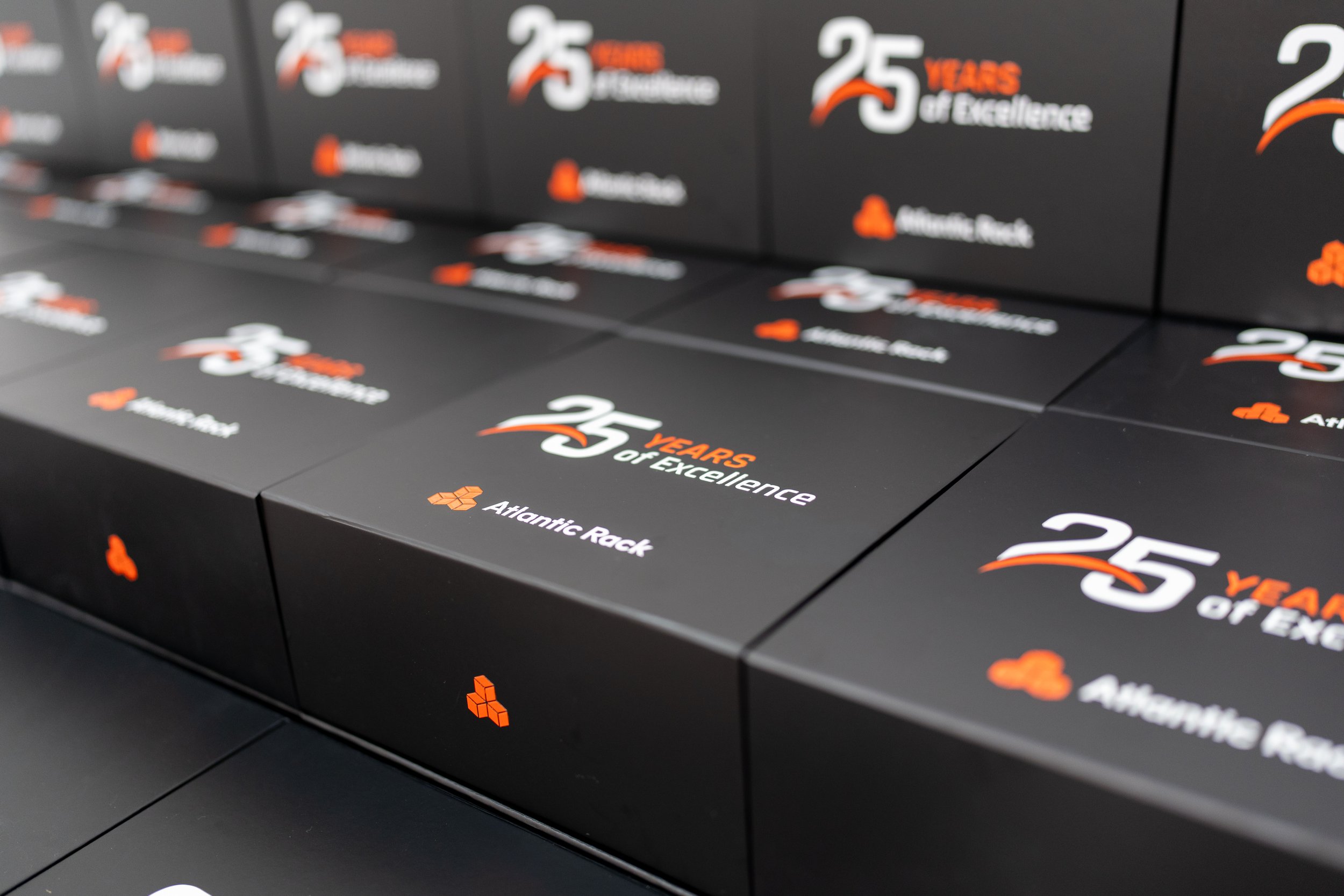 Corporate anniversary gift boxes in Miami created for Atlantic Rack’s 25 years of excellence celebration