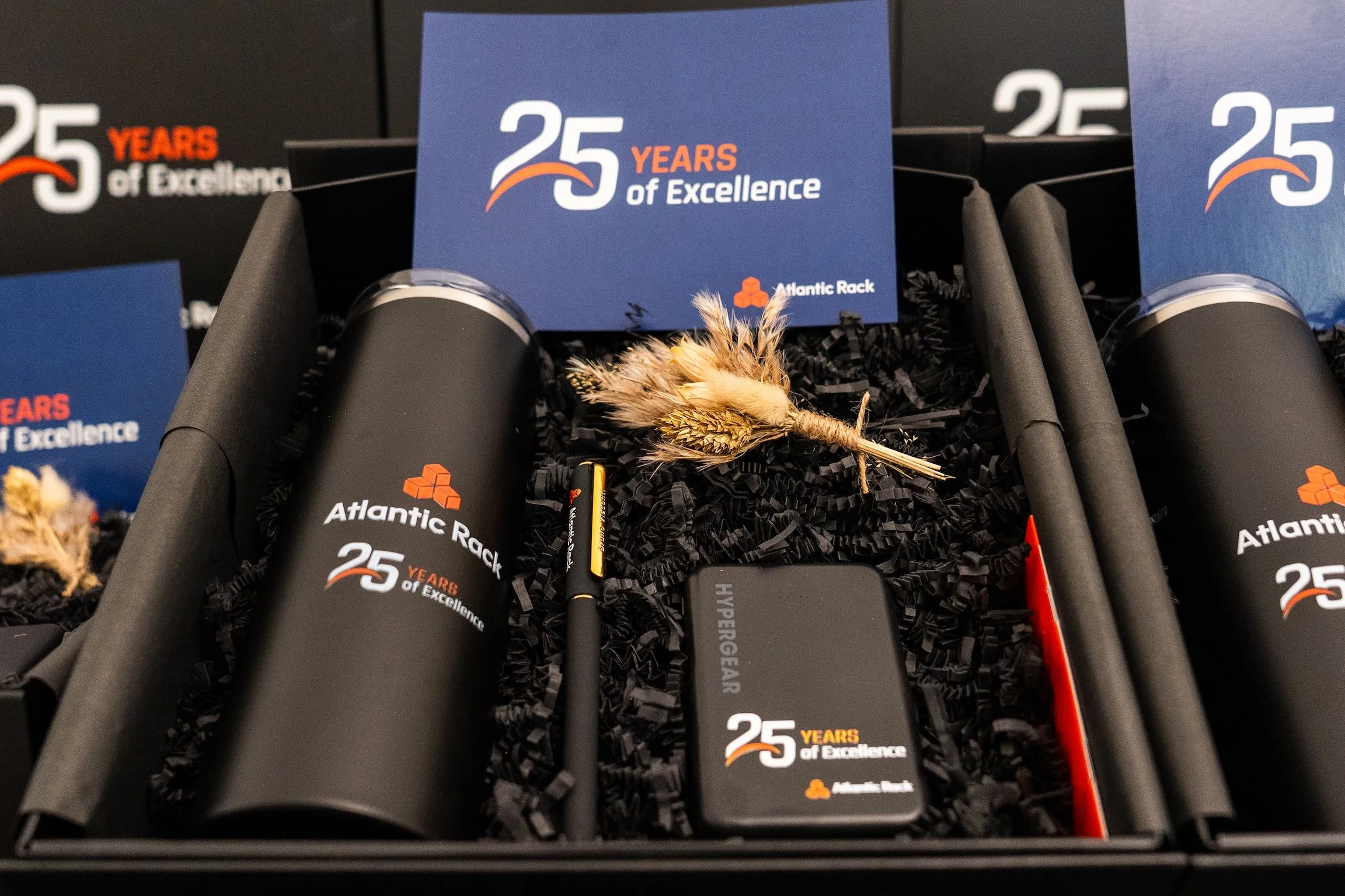 Branded corporate anniversary gifts in Miami including custom tumbler pen portable charger and anniversary card