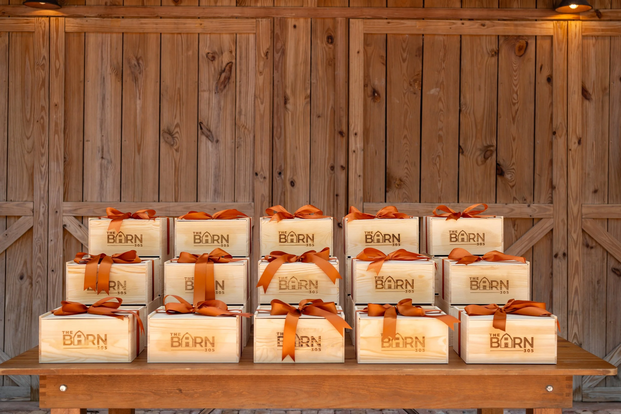 Bulk order of wedding welcome gift boxes for The Barn 305