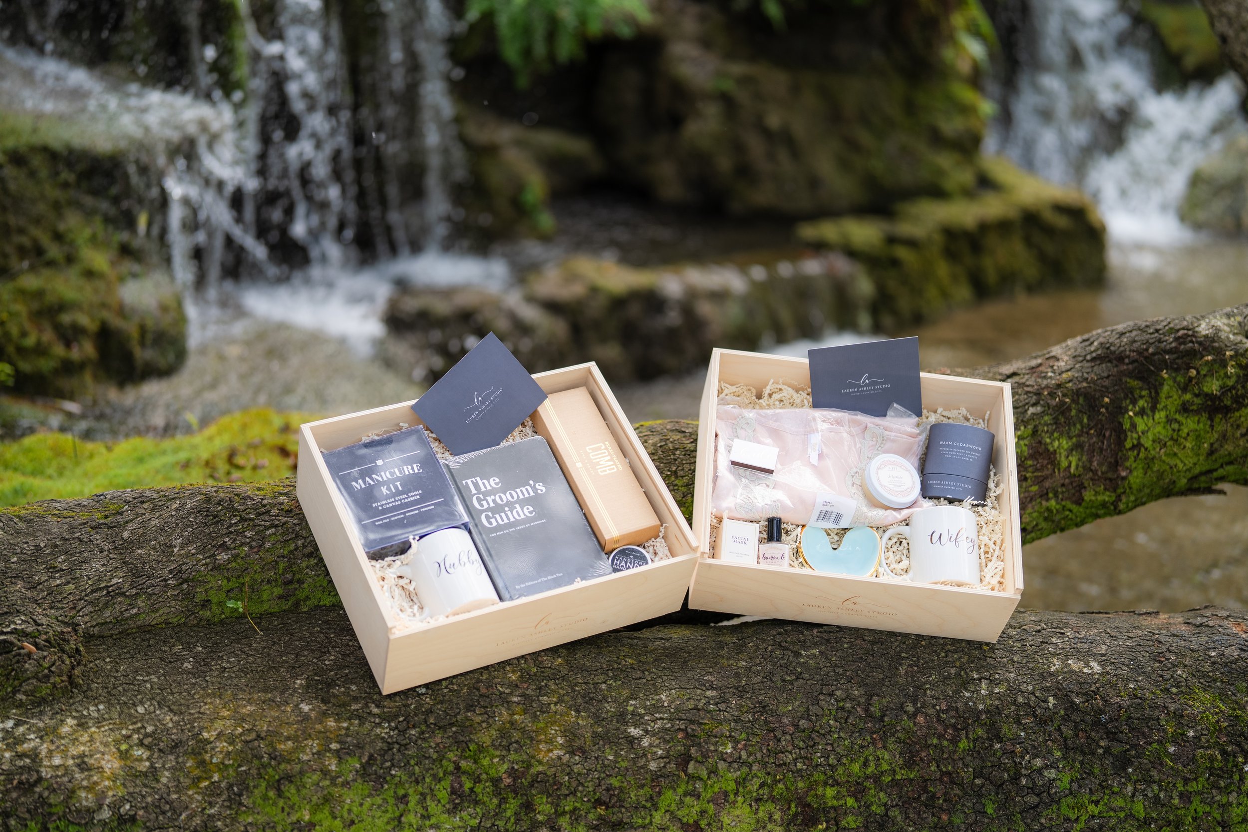 Luxury destination wedding welcome gift boxes in Miami with natural tropical background