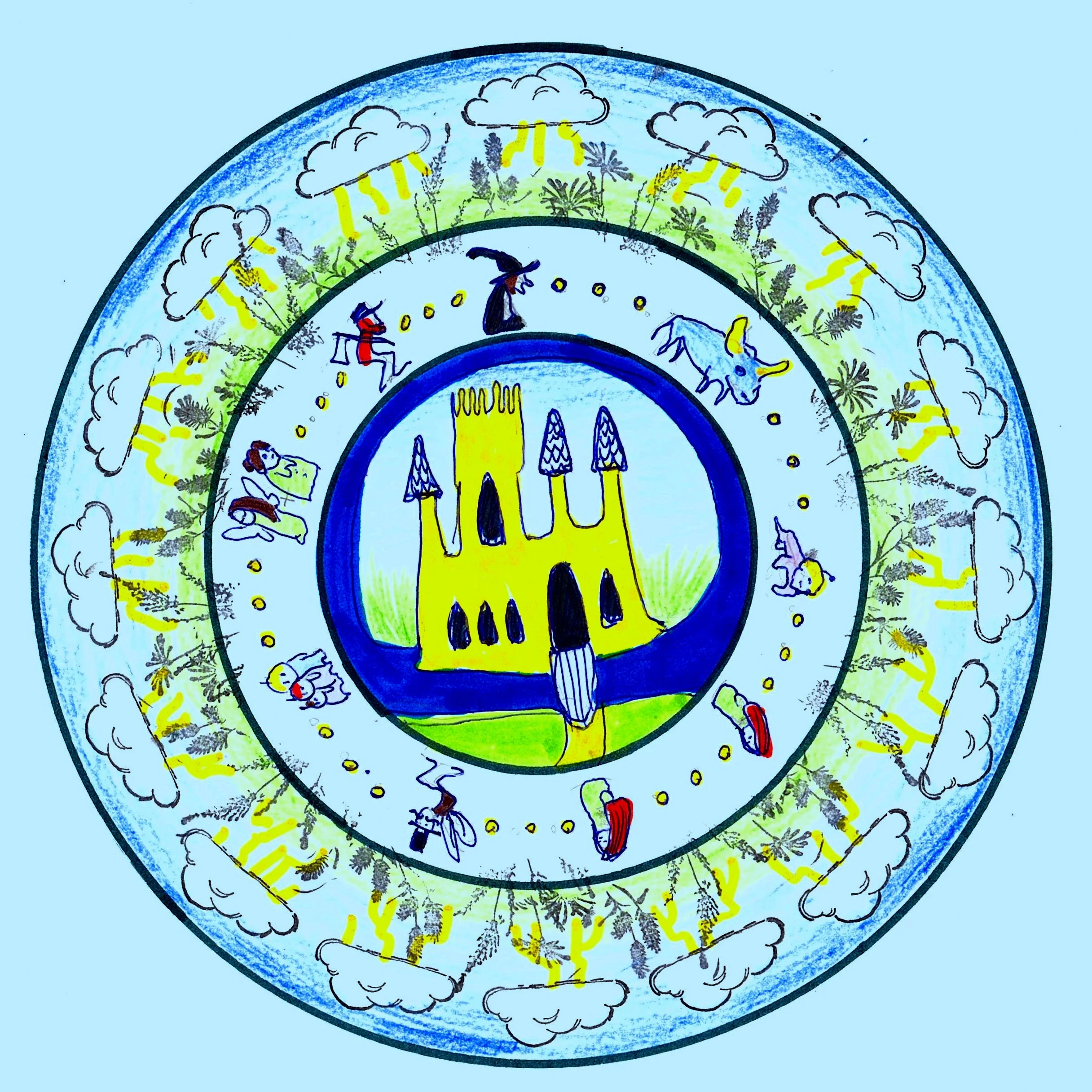 “If participants are willing to draw/paint, they are asked to start with a bullseye pattern with 3 rings. In the center ring is the space to visually describe the physical place or setting where the story takes place, in the next ring outward is a visual representation of the characters involved and in the outer ring are images that indicate the transformation that takes place within the story. Again, intended to be used for reflection afterward.”