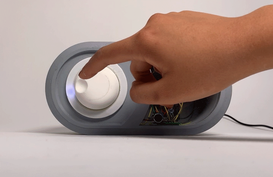 Adjusting the knob on the device to change the threshold of the volume, NeoPixel adjusts to serve as a visual indication of what the threshold is.