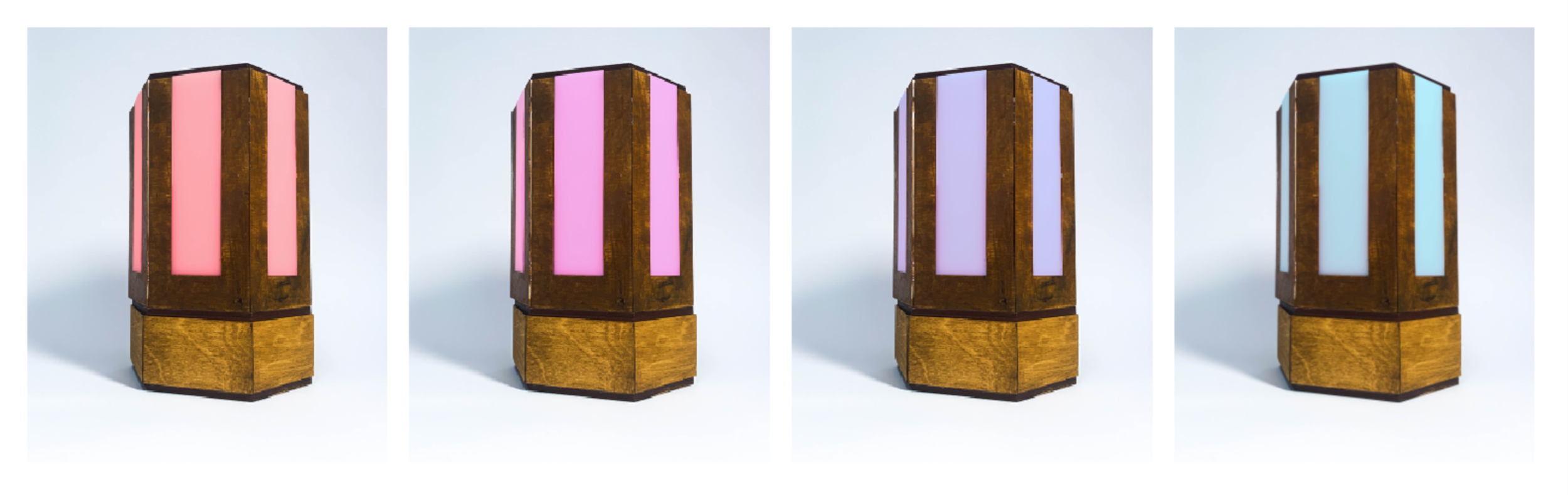 Different humidity levels of the lamp and their corresponding color. Color changes in increments on the RGB scale. 1. Red Hue: 0-30% humidity level, 2. Pink Hue: 30-60% humidity level, 3. Purple Hue: 60-90% humidity level, 4. Blue Hue 90-100% humidity level