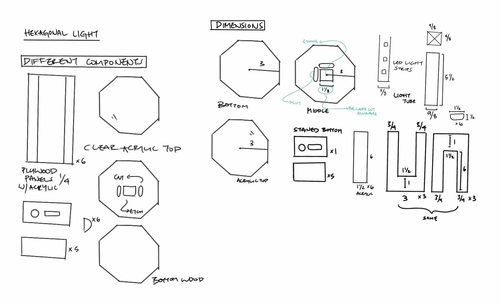 Sketching out dimensions and laser cut pieces of the lamp prior to beginning physical fabrication
