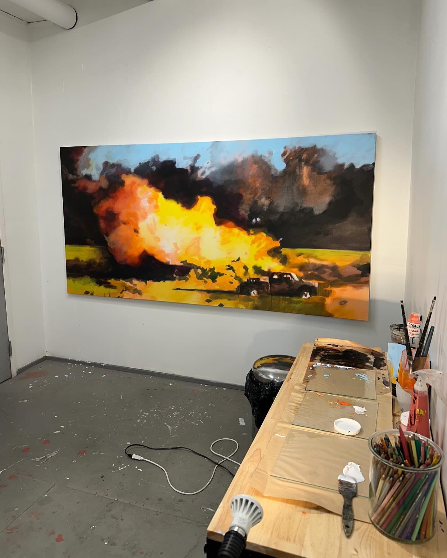 Work in progress, acrylic and colored pencil on canvas, 48x96&rdquo;

This piece is absolutely painting itself- might be one of my best ever 🔥

#landscapepainting #pyro #contemporarypainting