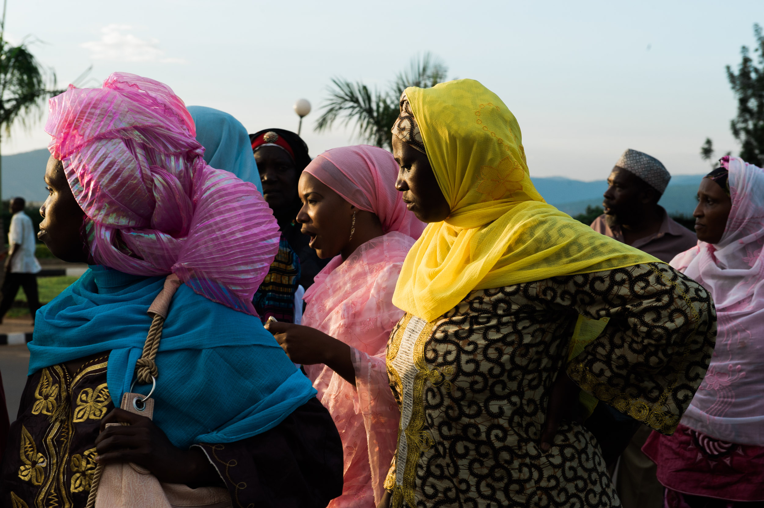  Many women of Kigali can be seen wearing brightly colored hijabs, as a good portion of Kigali is Muslim.&nbsp; 