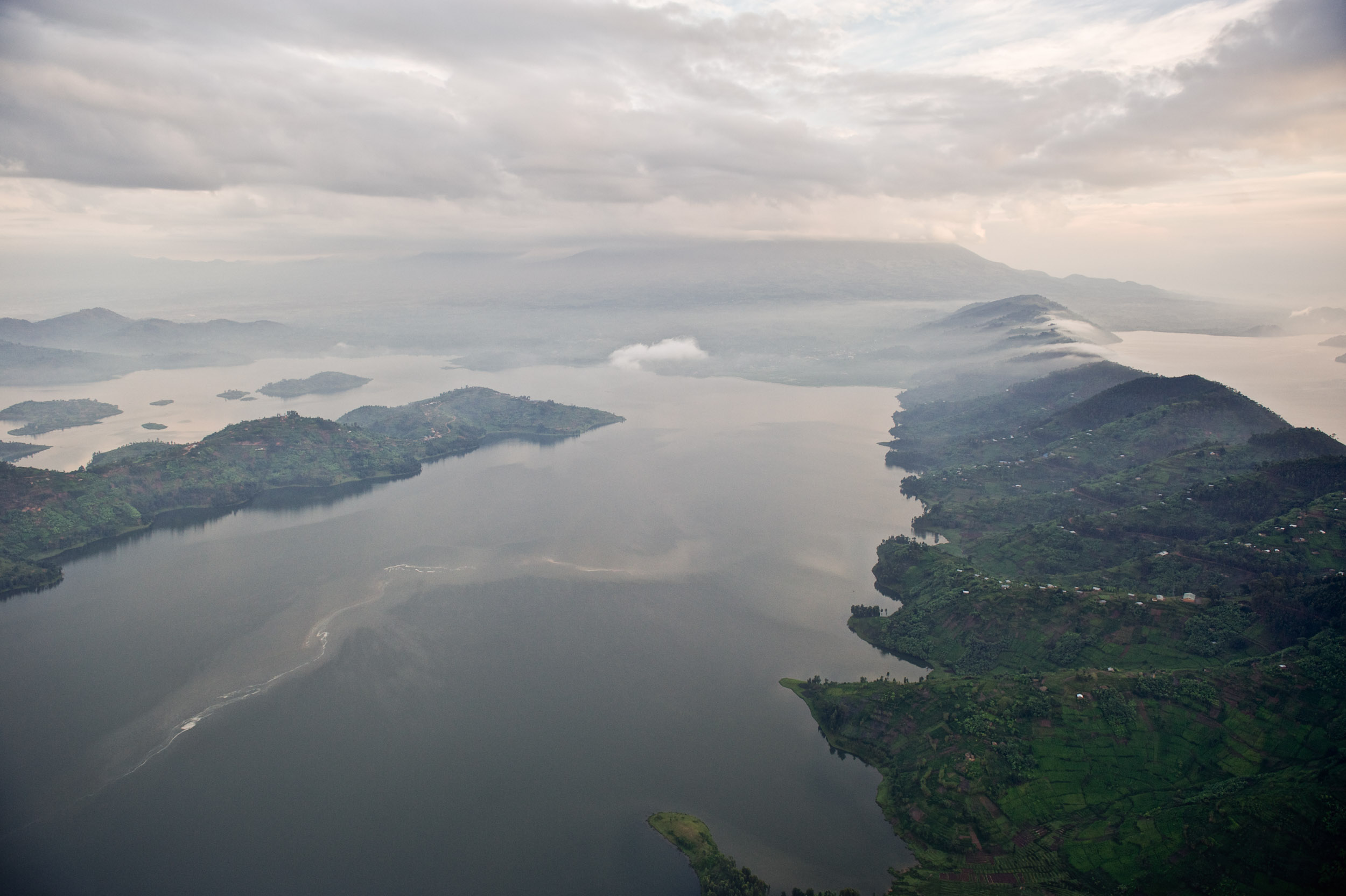  The "twin lakes" of Ruhondo and Burera lay beneath Muhabura Volcano. 