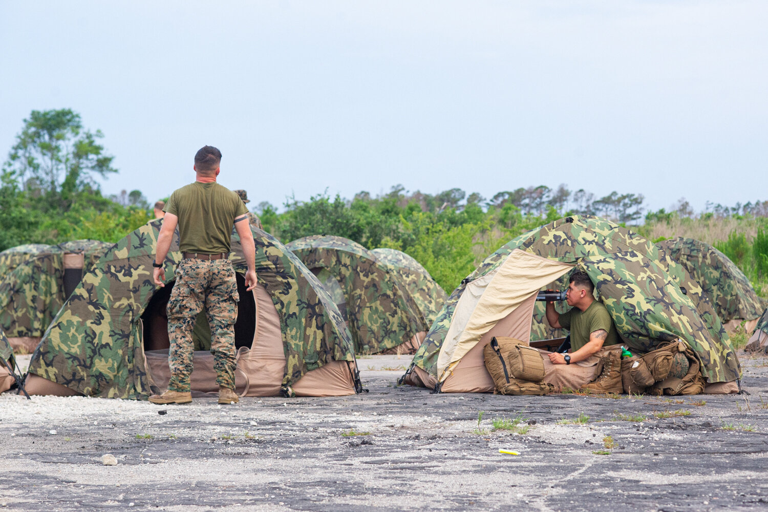  Marines from the 3rd Battalion, 2nd Marines infantry battalion camped out at Bogue Airfield, just east of Swansboro. Nearly 500 Marines took part in what Lieutenant Colonel Darrel Ayers called the largest air assault exercise on the east coast in ap