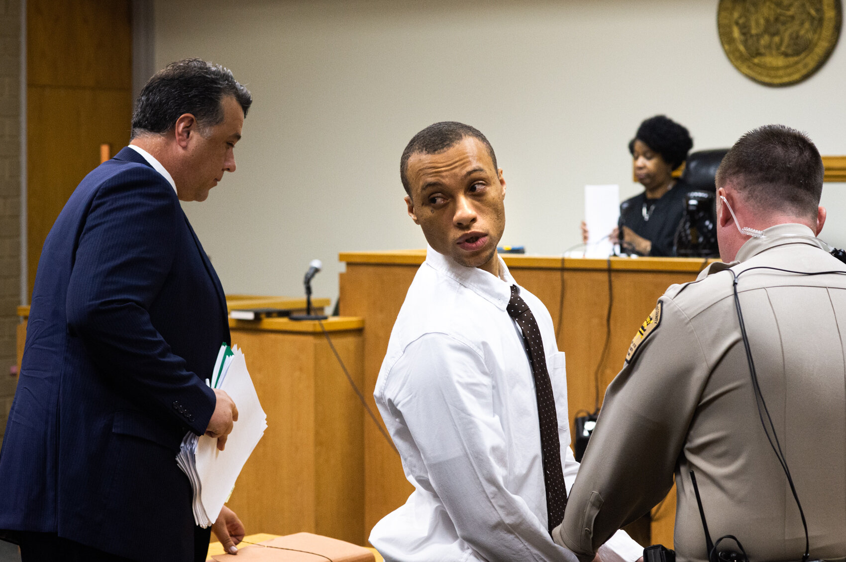  Freddie Fralin looks back at family members after receiving a sentence of 25 to 31 years imprisonment for the 2017 murder of Montez Greene, Tuesday, August 20, 2019. (Read the story  here .) 