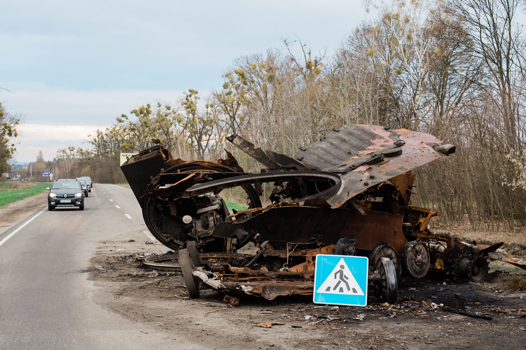  A destroyed Russian tank on a road east of Bucha. 