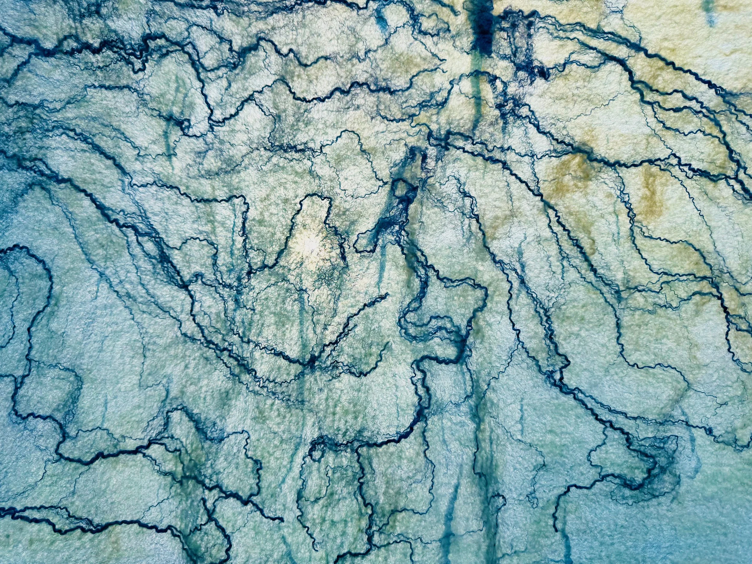 Vena Wrap, 2020. 
54" x 29.5". (Close Up)
Merino Wool and Sari Silk Waste