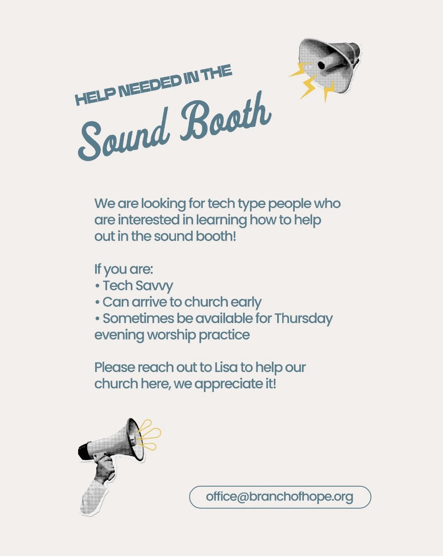 If you are tech savvy and want to help at church, see Don or Alan about helping in the sound booth! Or email branchofhope.org!

Our sound crew is so important, as they make sure we are live on youtube, they make sure we can hear the sermons and the w