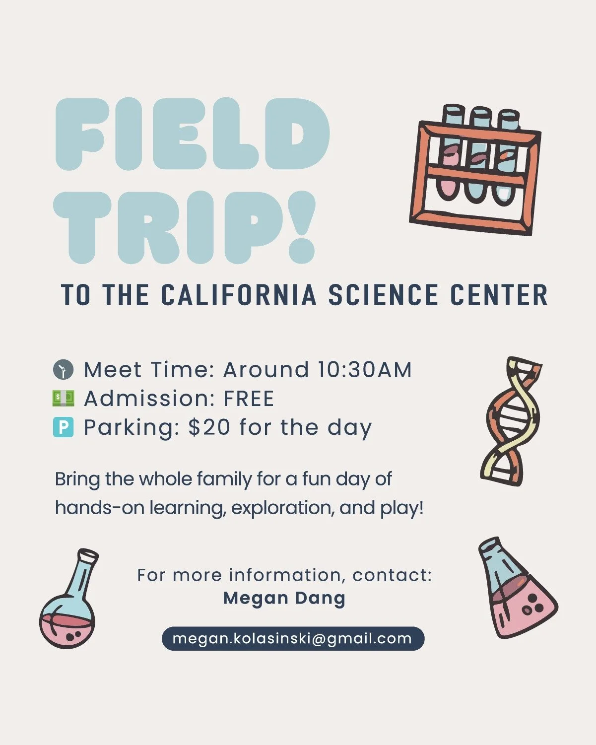 FAMILIES &mdash; join us for a fun day at the California Science Center in Los Angeles! 🌎🚀🏀

We&rsquo;ll meet around 10:30am and spend the day exploring exhibits like Ecosystems, Air &amp; Space, and Life together. After lunch, we&rsquo;ll head to
