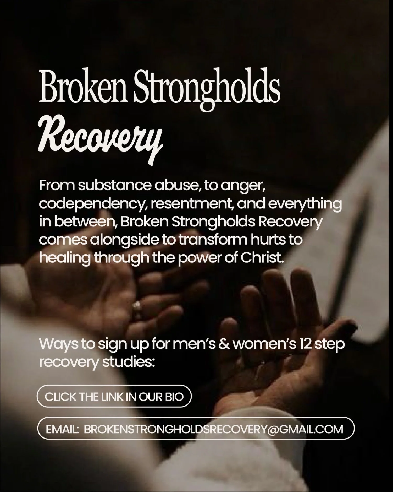 &ldquo;Come to me, all who labor and are heavy laden, and I will give you rest.&rdquo; &mdash; Matthew 11:28

Whatever burden you&rsquo;re carrying, there is hope in Christ.

Broken Strongholds Recovery exists to walk alongside men and women pursuing
