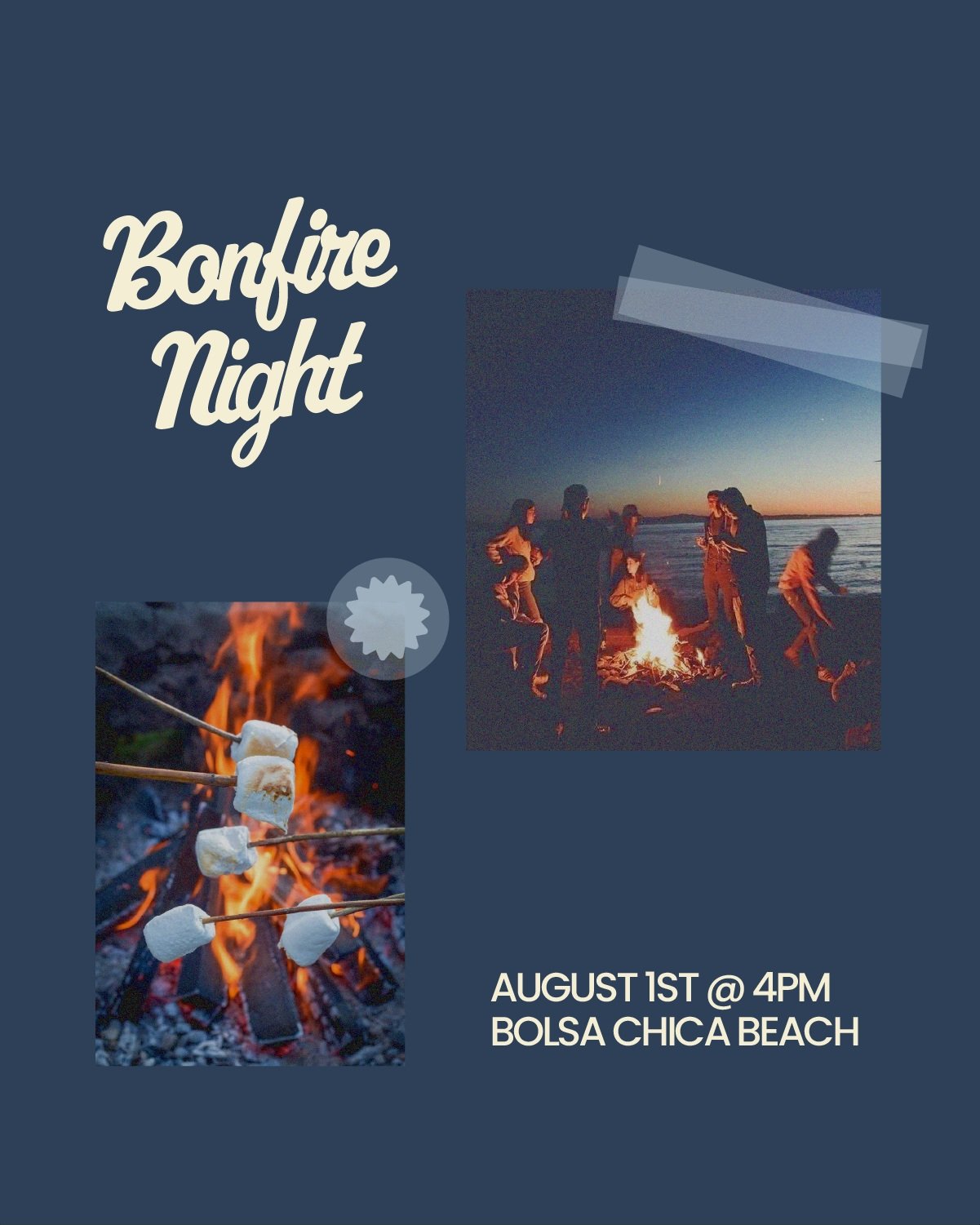 🔥 Beach Bonfire Night! 🌅

Join us for an awesome evening by the ocean at Bolsa Chica State Beach on Saturday, August 1st at 4:00 PM! Everyone is invited, so bring your family and friends.

🏖️ What to bring:

Your dinner &amp; favorite drinks (a gr