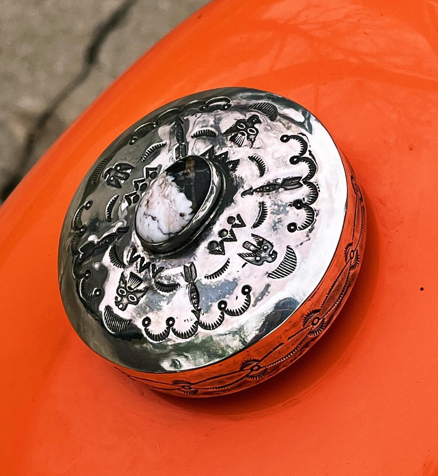 The weather in Texas has been a bit wacky, but we put some miles on this custom white buffalo gas cap. Y&rsquo;all been riding? Who needs a sterling silver &amp; turquoise gas cap this season?