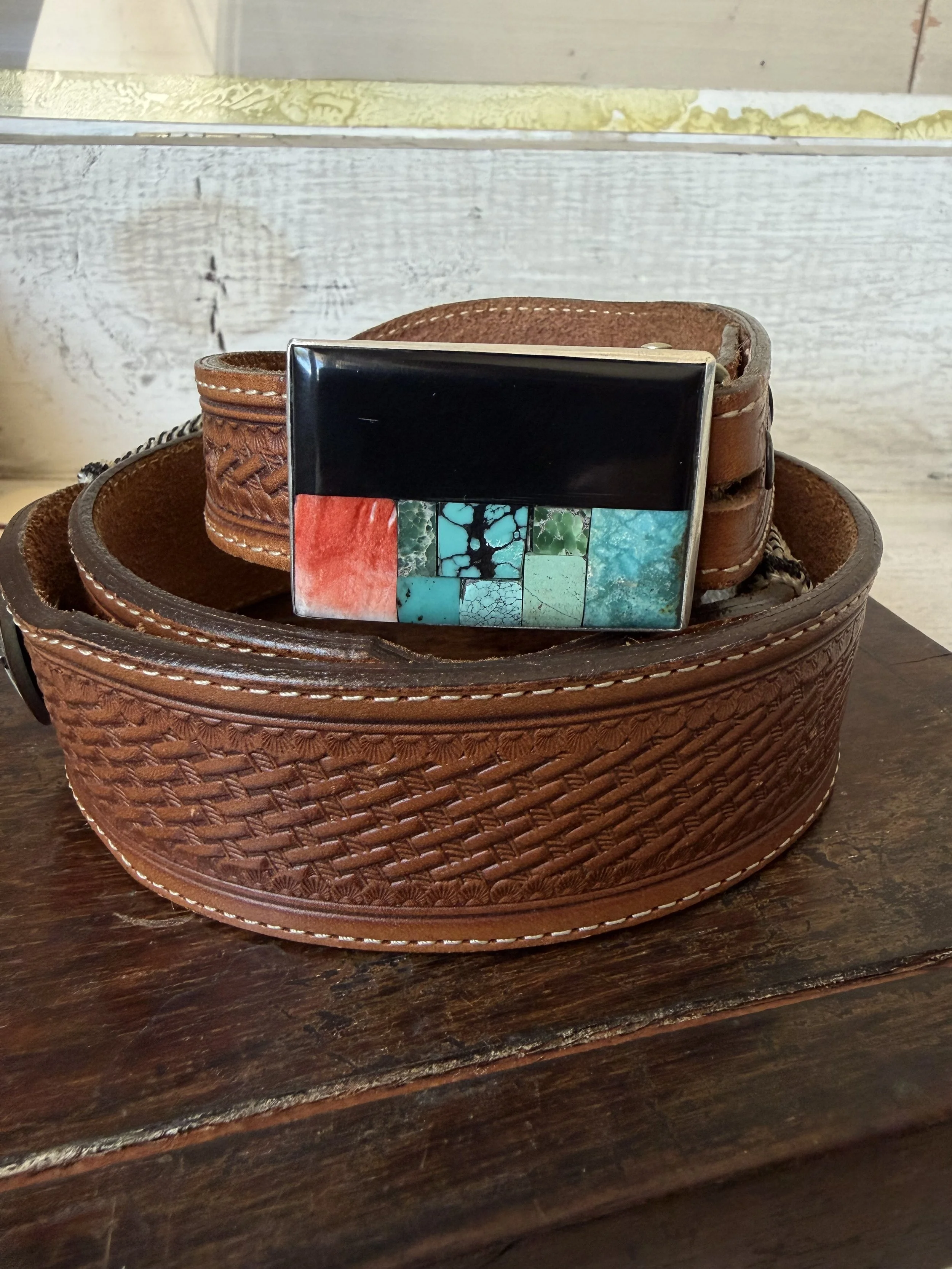 Jet, Turquoise & Spiny Oyster Inlay Belt Buckle