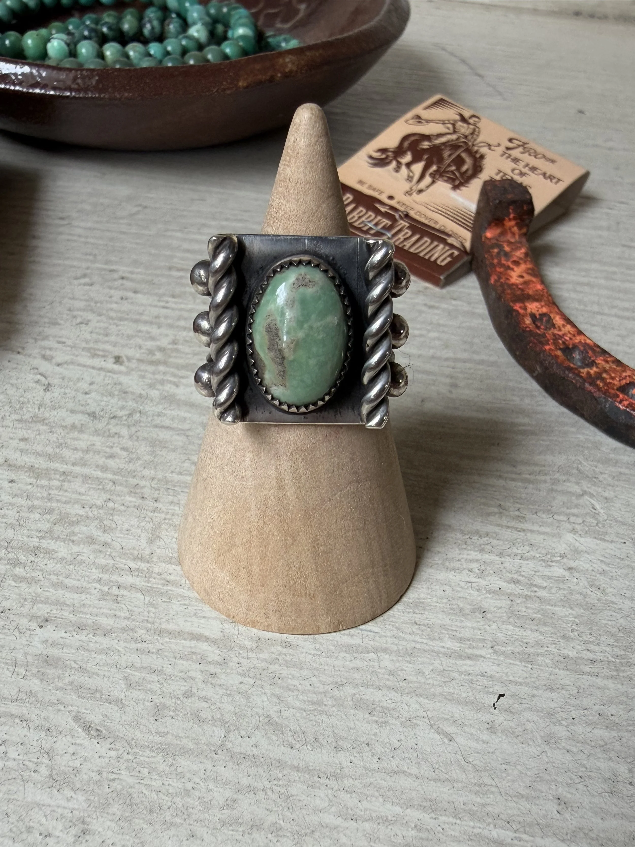 Green Turquoise Braid Shield Ring - Size 6