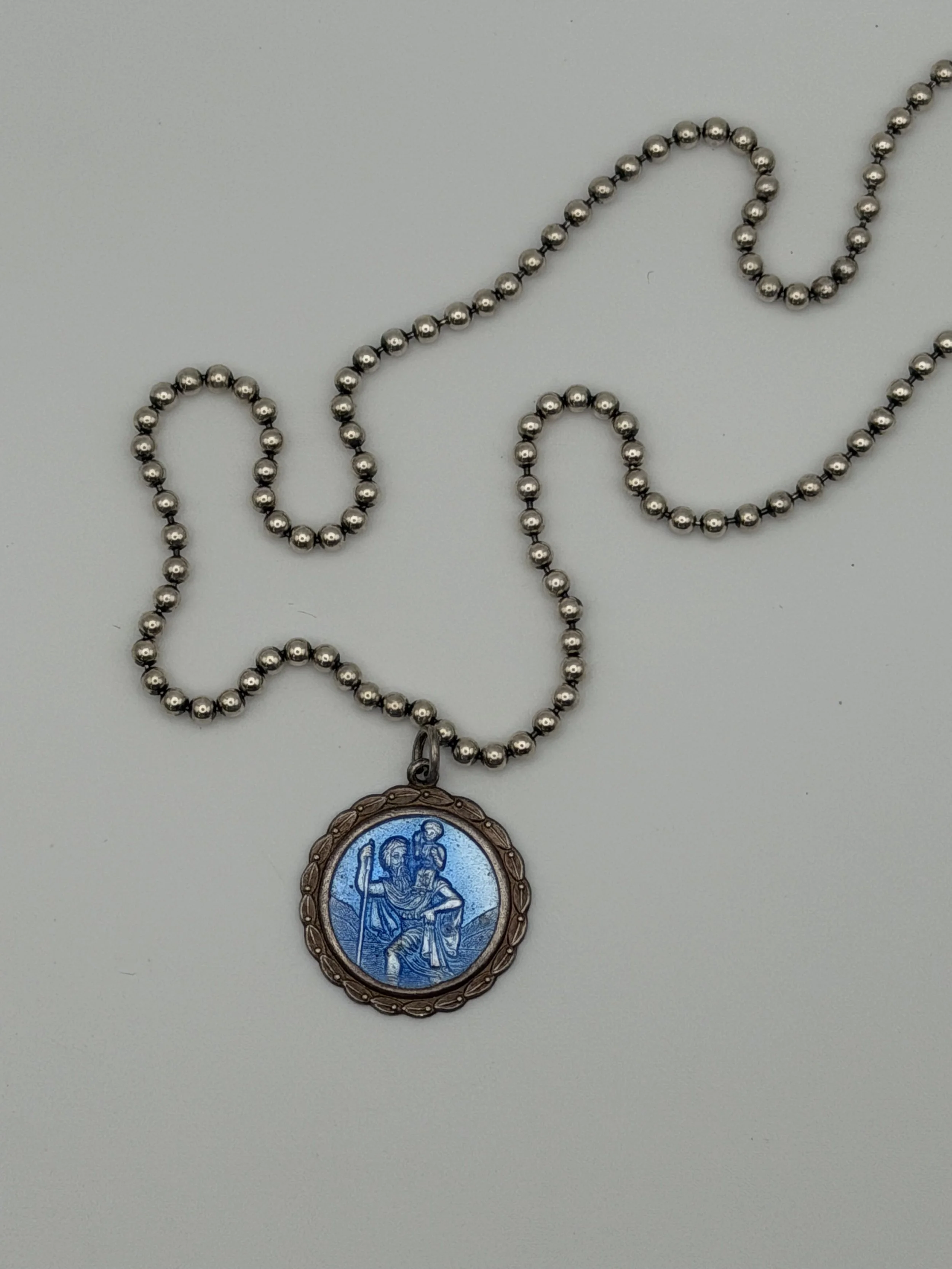 Vintage Blue Enamel St Christopher Pendant