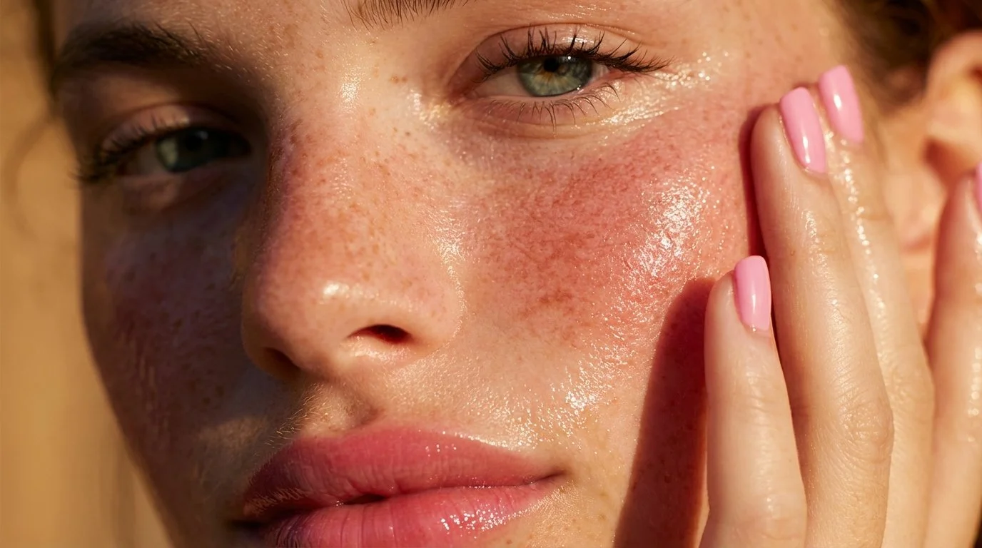 Close-up of a woman with freckles, light pink lipstick, pink manicured nails, touching her face, with shiny skin and light hair in sunlight.