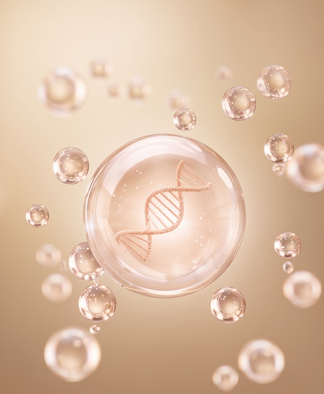 A digital illustration showing a DNA double helix inside a glowing sphere, surrounded by smaller floating spheres, set against a beige background.