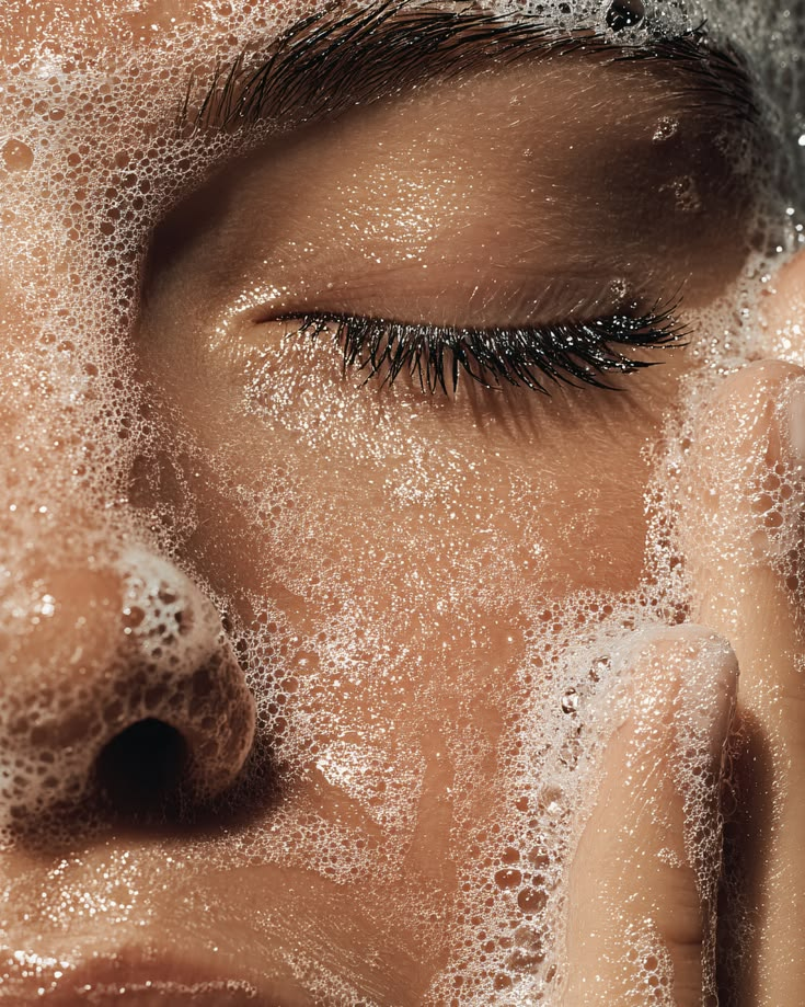 Close-up of a person's face during a facial cleansing, with foam and water covering the skin and eyes closed.
