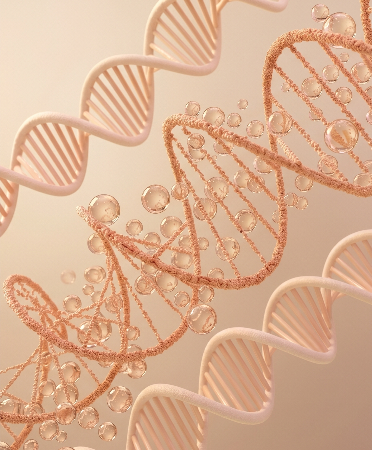 Close-up of a digital illustration showing a DNA double helix structure with a background of a larger DNA strand.