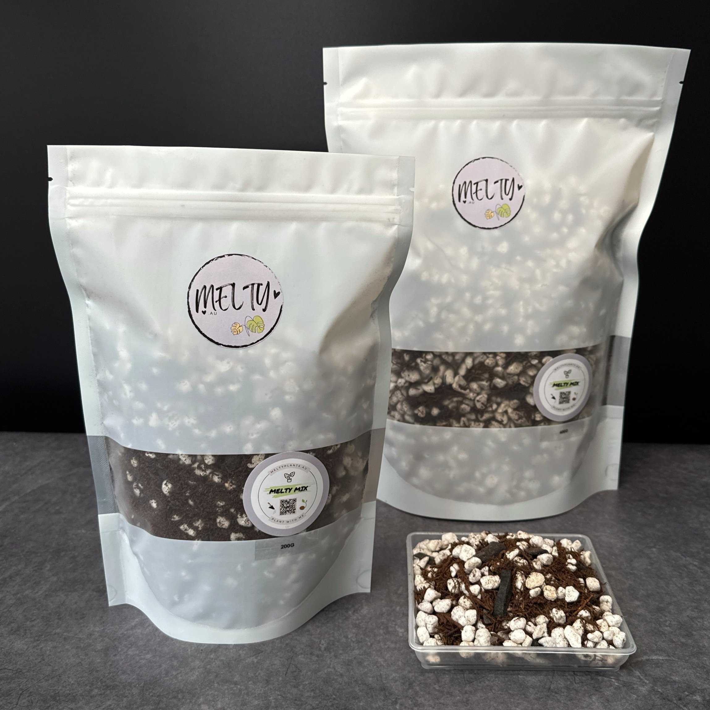 MELTY MIX FOR JUVENILE HOUSEPLANTS; SEEDS, SEEDLINGS, CUTTINGS, GROW POLES | CUSTOM POTTING MIX IN A WHITE SEALED POUCH | MELTY PLANTS ONLINE STORE SYDNEY AUSTRALIA