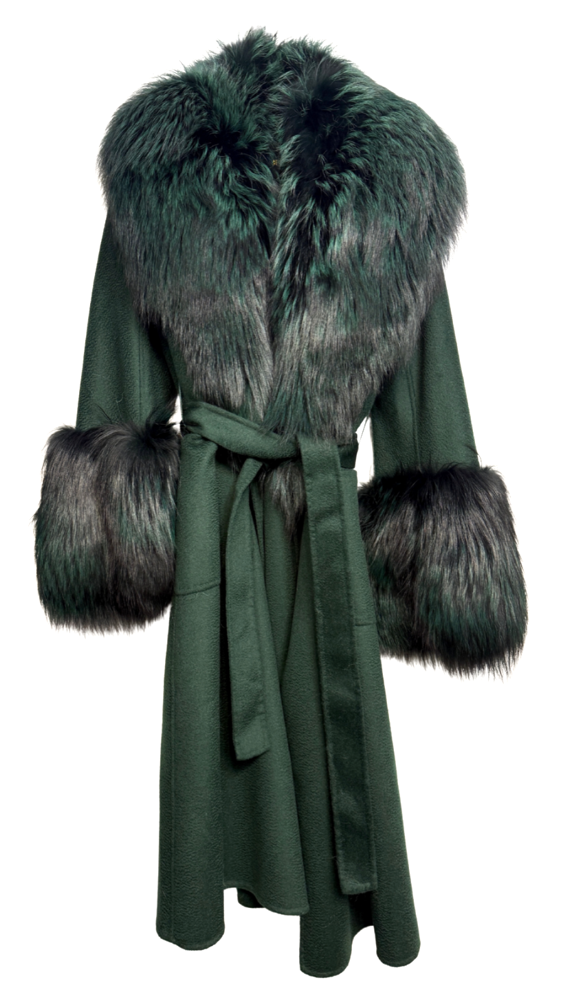 MONEY GREEN CASHMERE WOOL X FOX FUR SHAWL AND CUFF COAT (M/L)