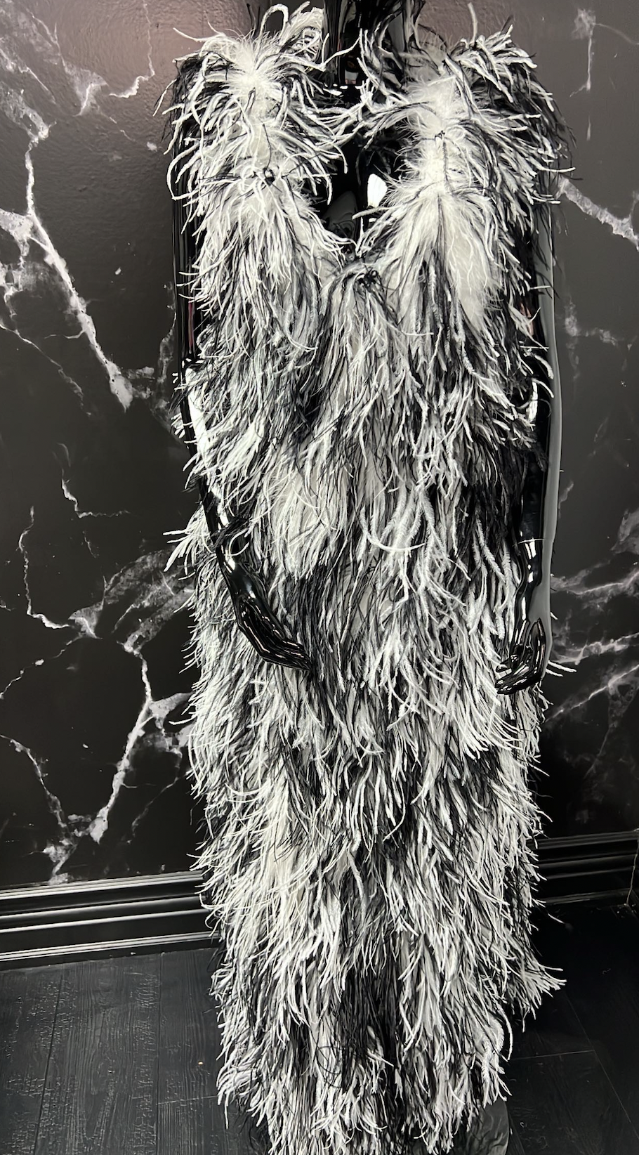 OSTRICH FEATHER TANK LONG DRESS (BLACK/WHITE)