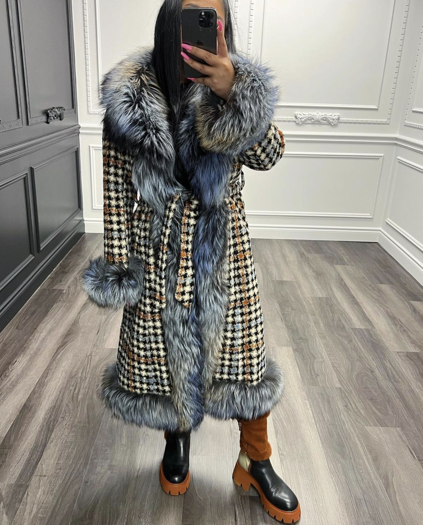 KNITTED BLUE X BROWN FOX FUR TRIMMED COAT