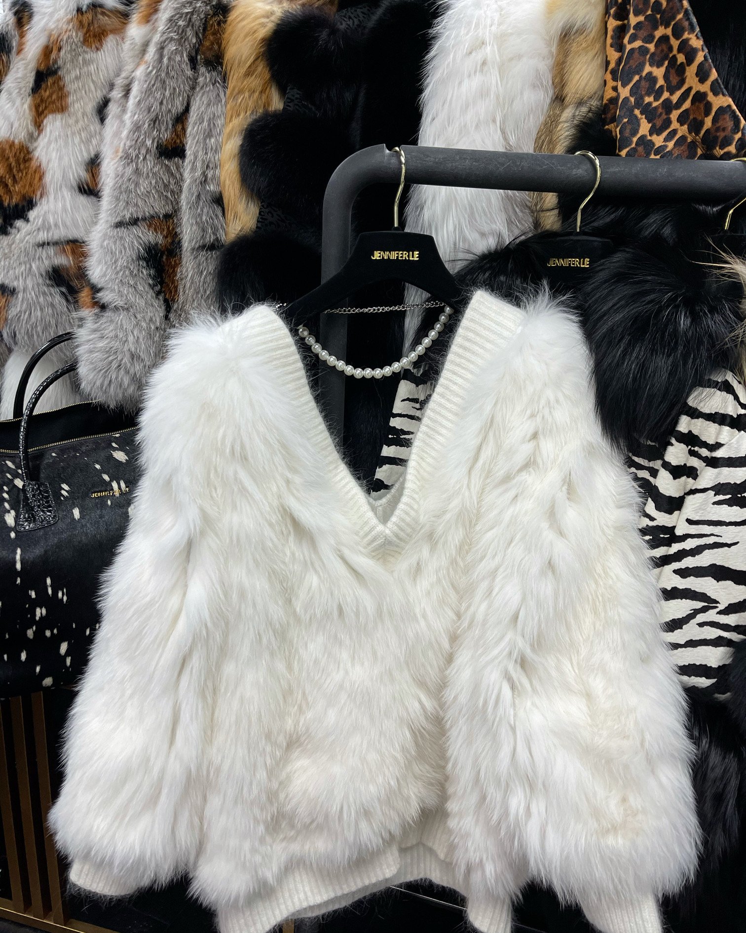 KNITTED FOX FUR SWEATER W/ PEARL CHAIN BACK  (M/L)