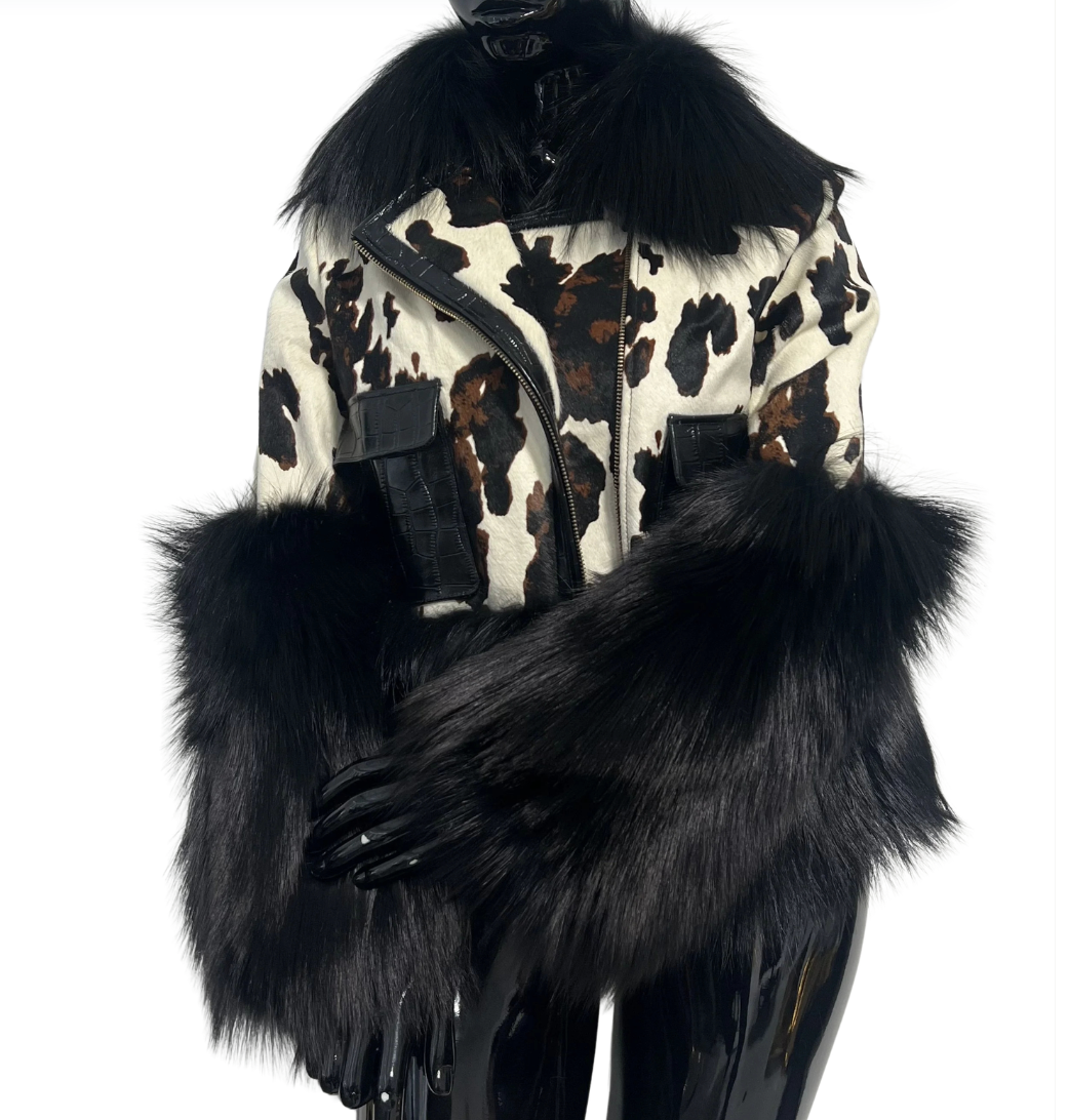 COW X CROC CALF HAIR JACKET WITH FOX FUR (8 US)