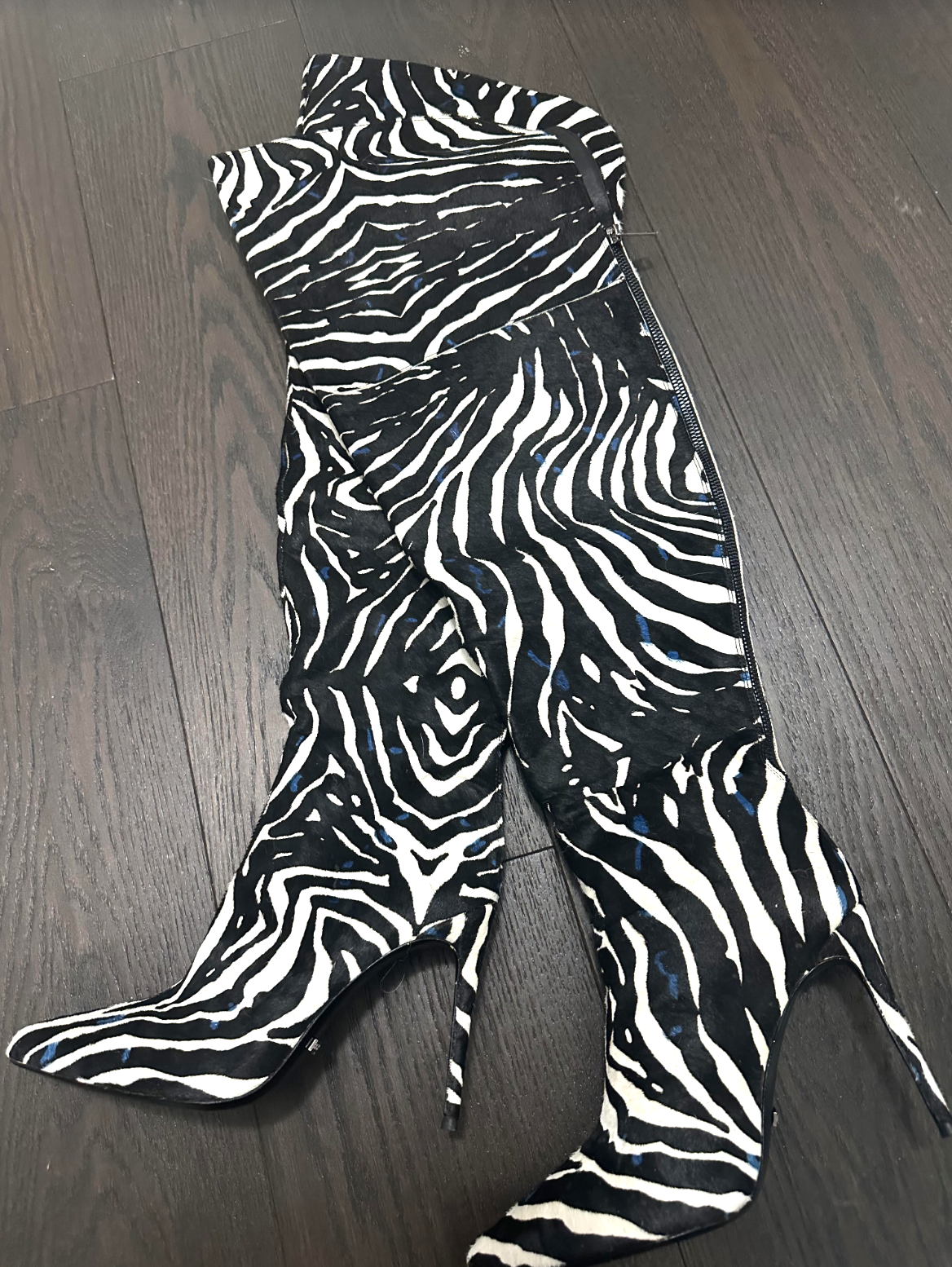 ZEBRA CALF HAIR X BLUE SPOTS THIGH HIGH BOOTS (39 W)