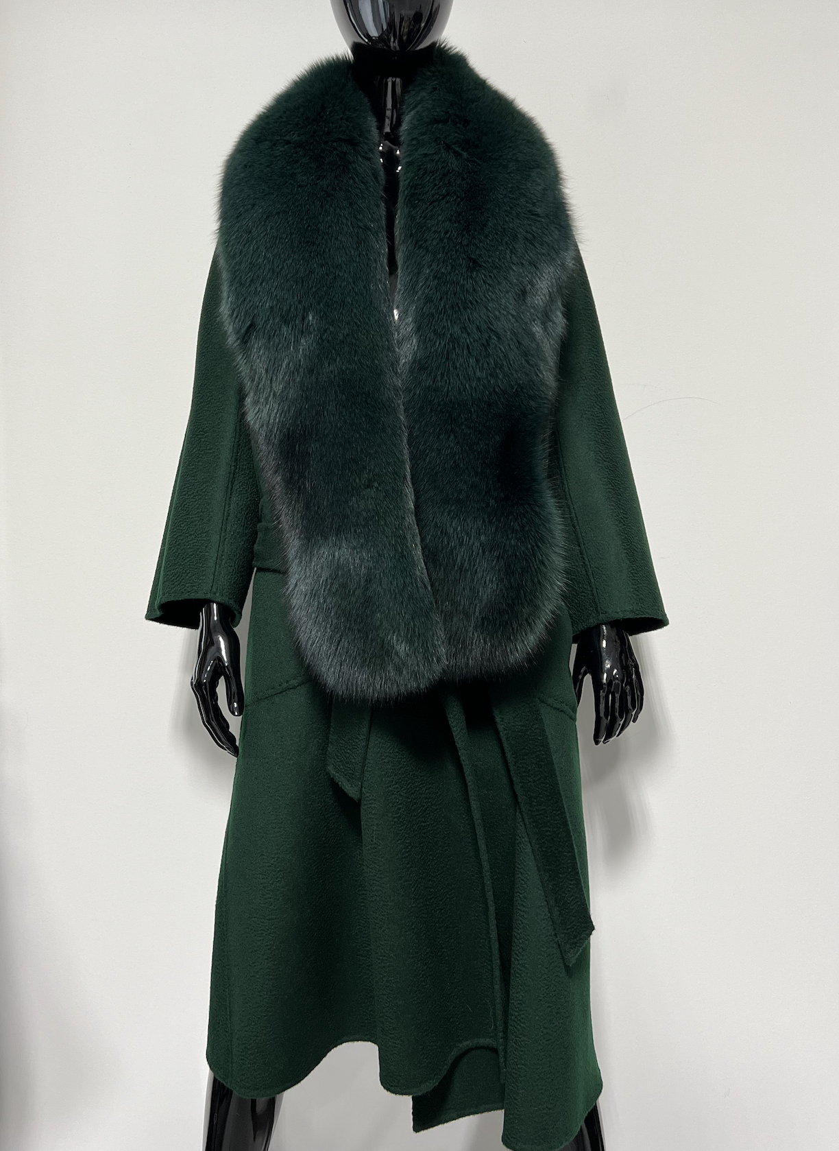 GREEN CASHMERE WOOL X FOX FUR SHAWL COAT (M/L)