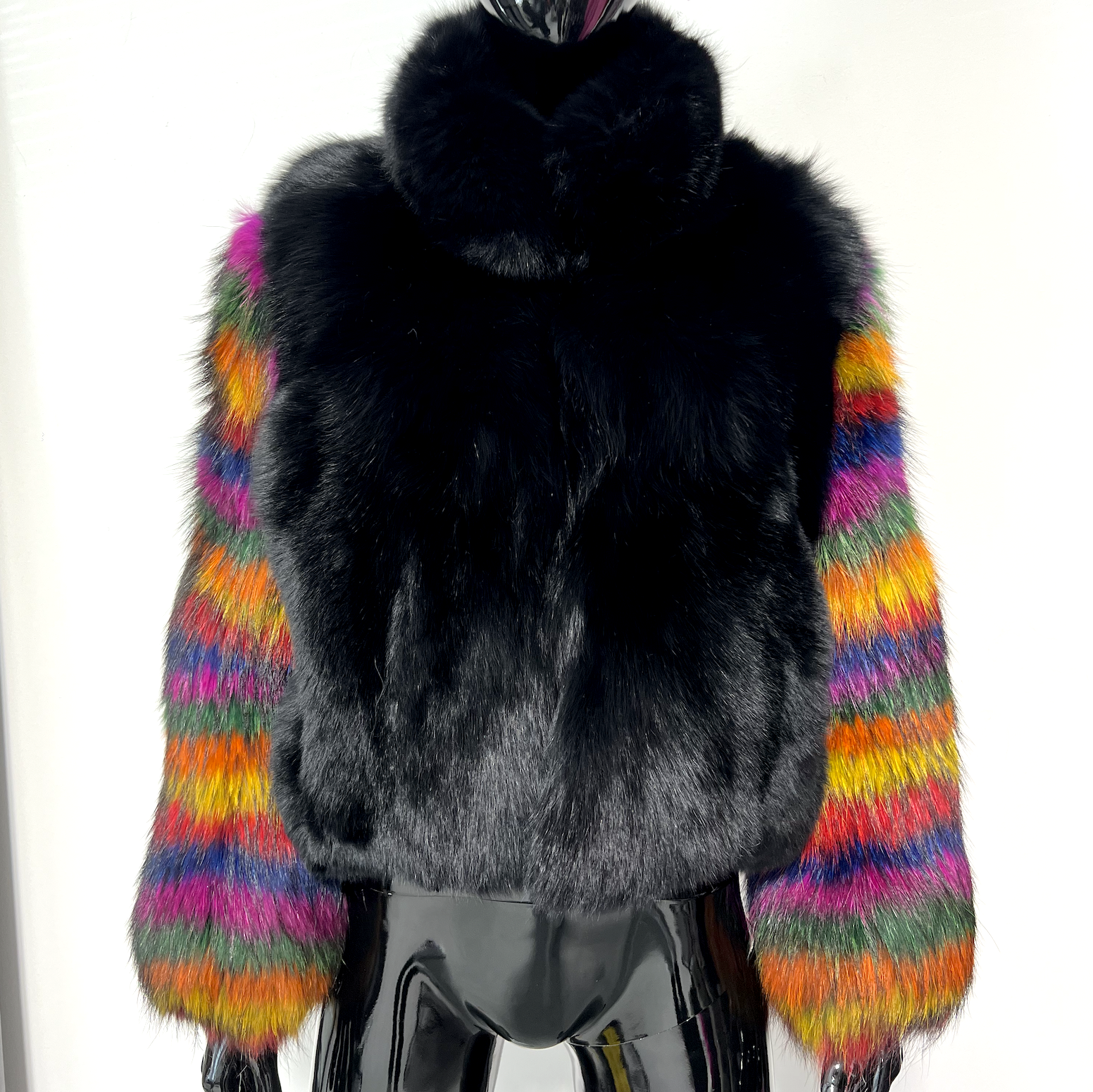 BLACK FOX BOMBER WITH MULTICOLORED STRIPED SLEEVE SIZE M/L