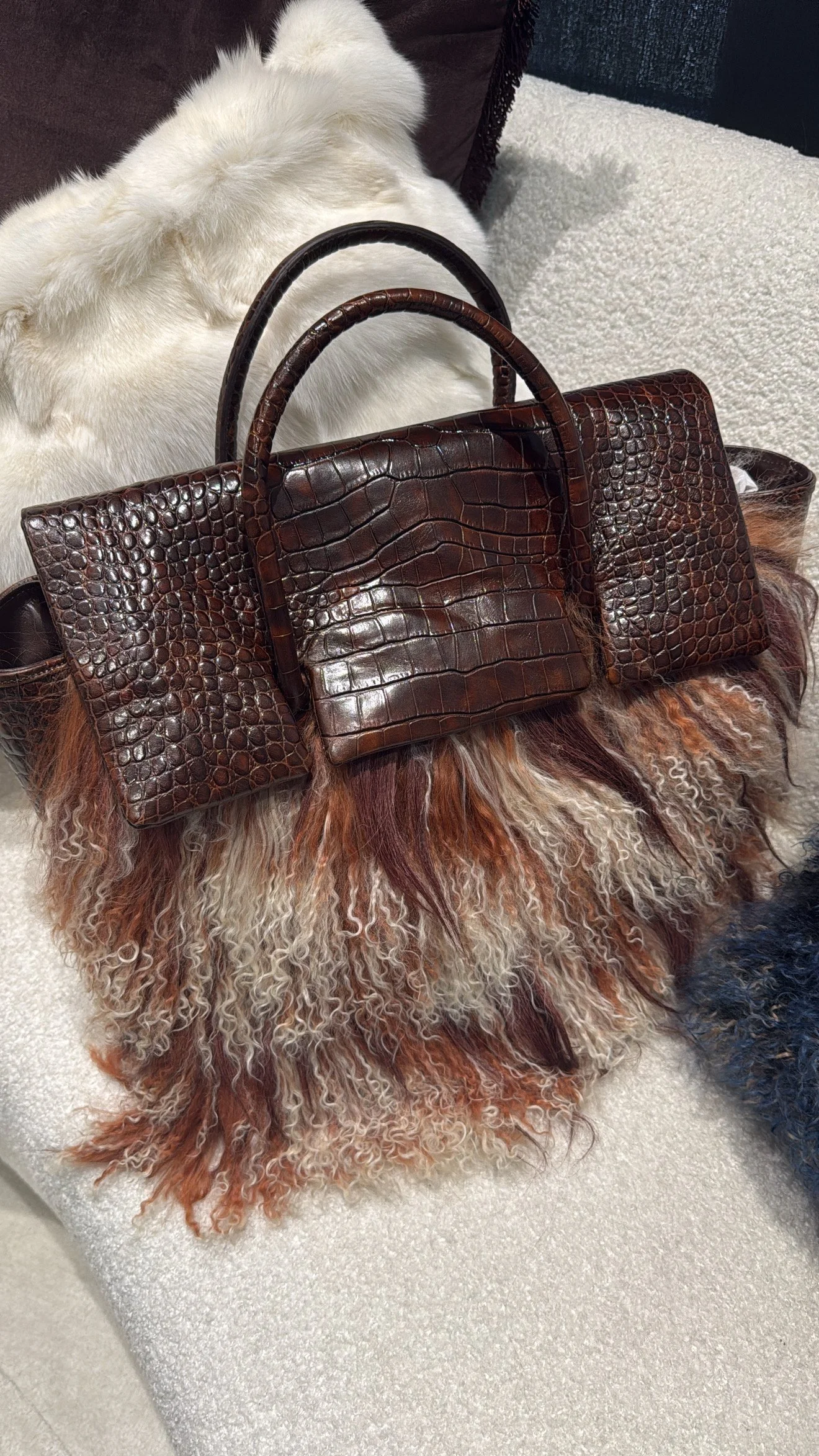 CROC LEATHER X MONGOLIAN LAMBS WOOL BAG