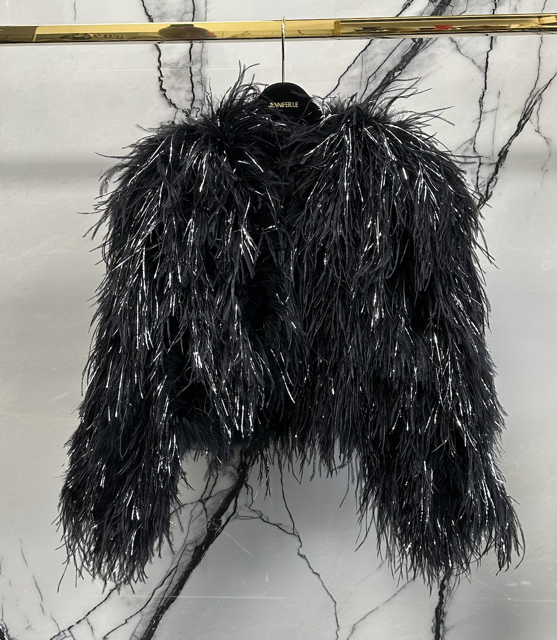BLACK OSTRCH X SILVER TINSEL CROPPED COAT (M/L)