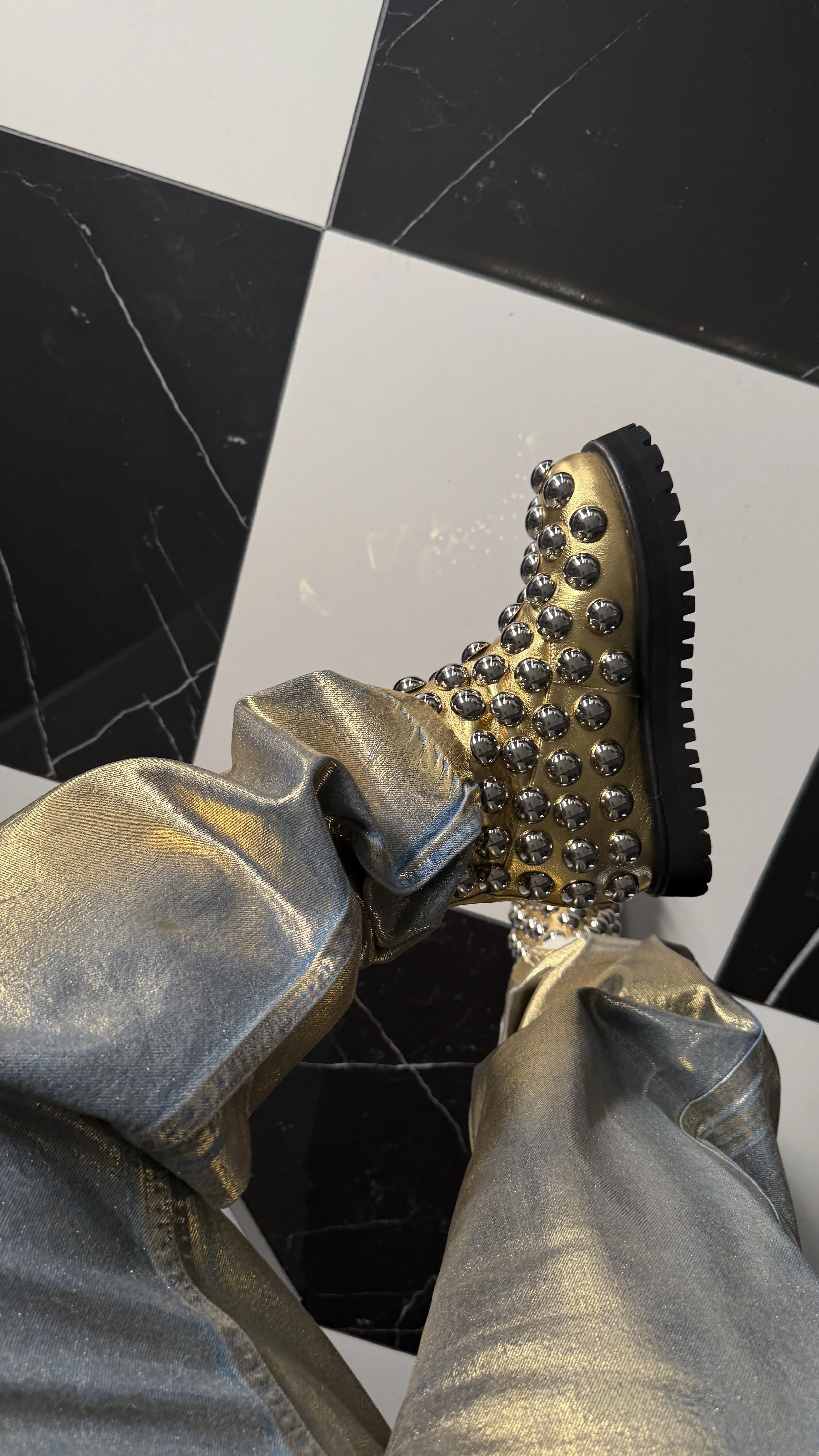 METALLIC GOLD X SILVER STUDDED SHEARLING BOOTIES
